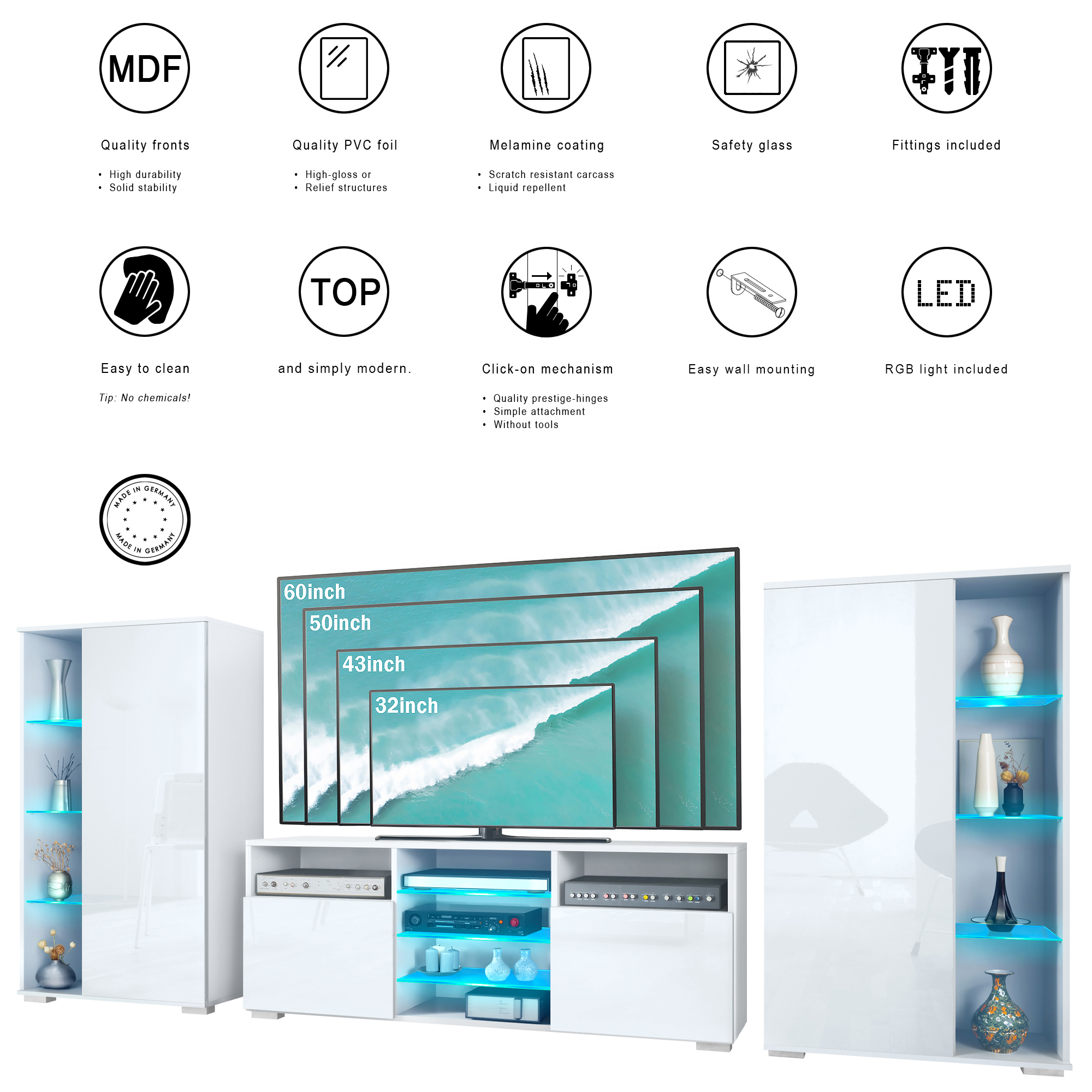 Wohnwand 3-tlg. Davos Weiß LED bestehend aus 2 Vitrinen, 1 TV-Board und LED-Beleuchtung Weiß matt/Eiche Natur (329 x 134 x 35 cm)