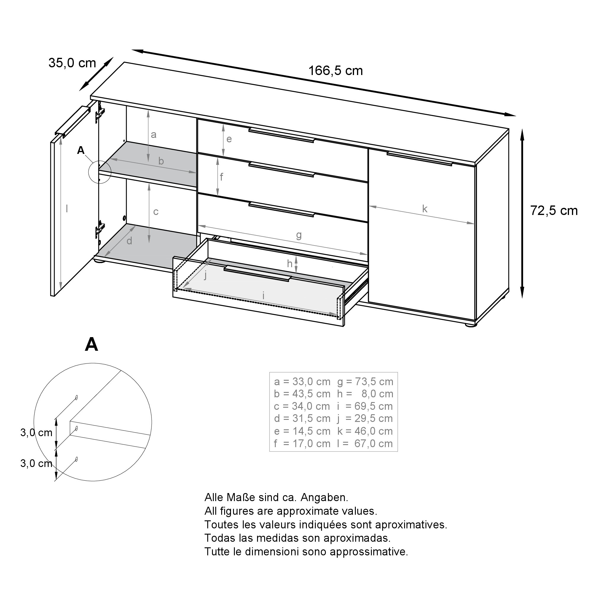 Linio V2 Sideboard mit 2 Türen und 4 Schubladen Weiß matt/Petrol Hochglanz (166,5 x 72,5 x 35 cm)