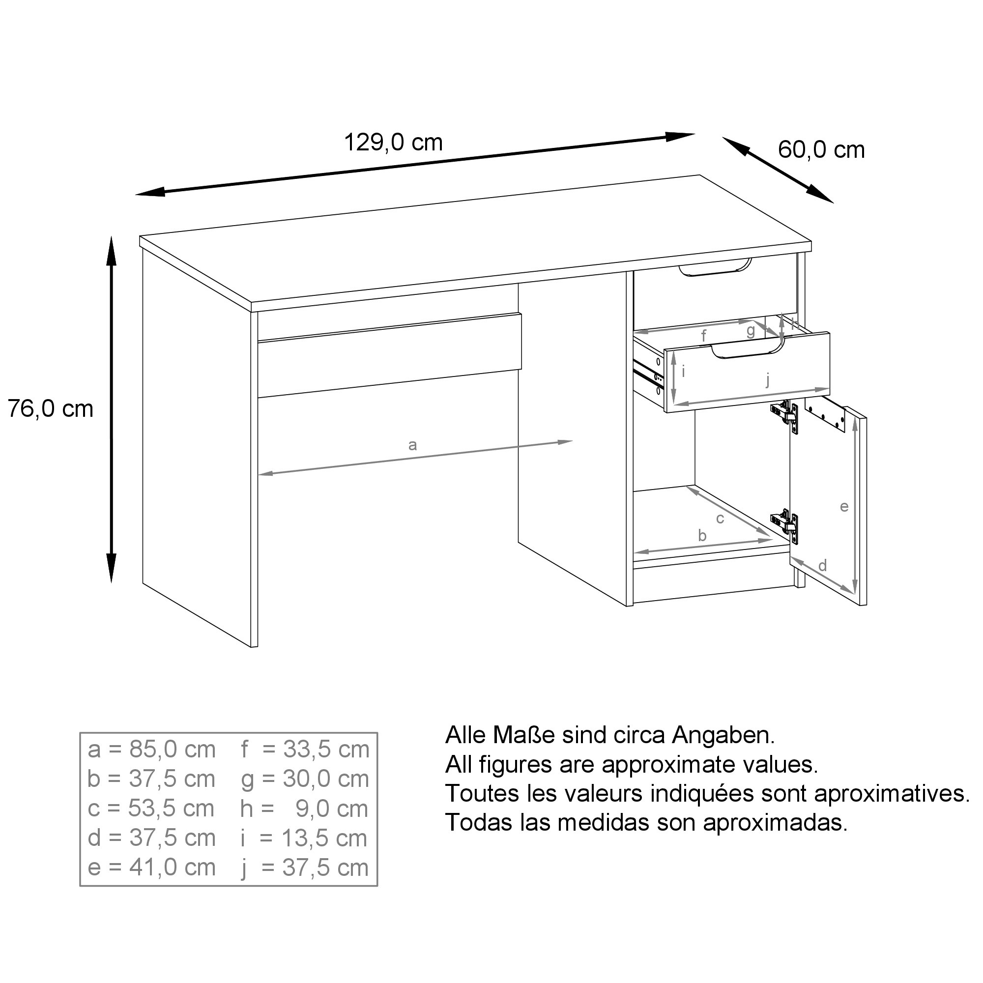 Schreibtisch Logan mit 2 Schubladen und 1 Tür Schwarz matt/Avola-Anthrazit (129 x 76 x 60 cm)
