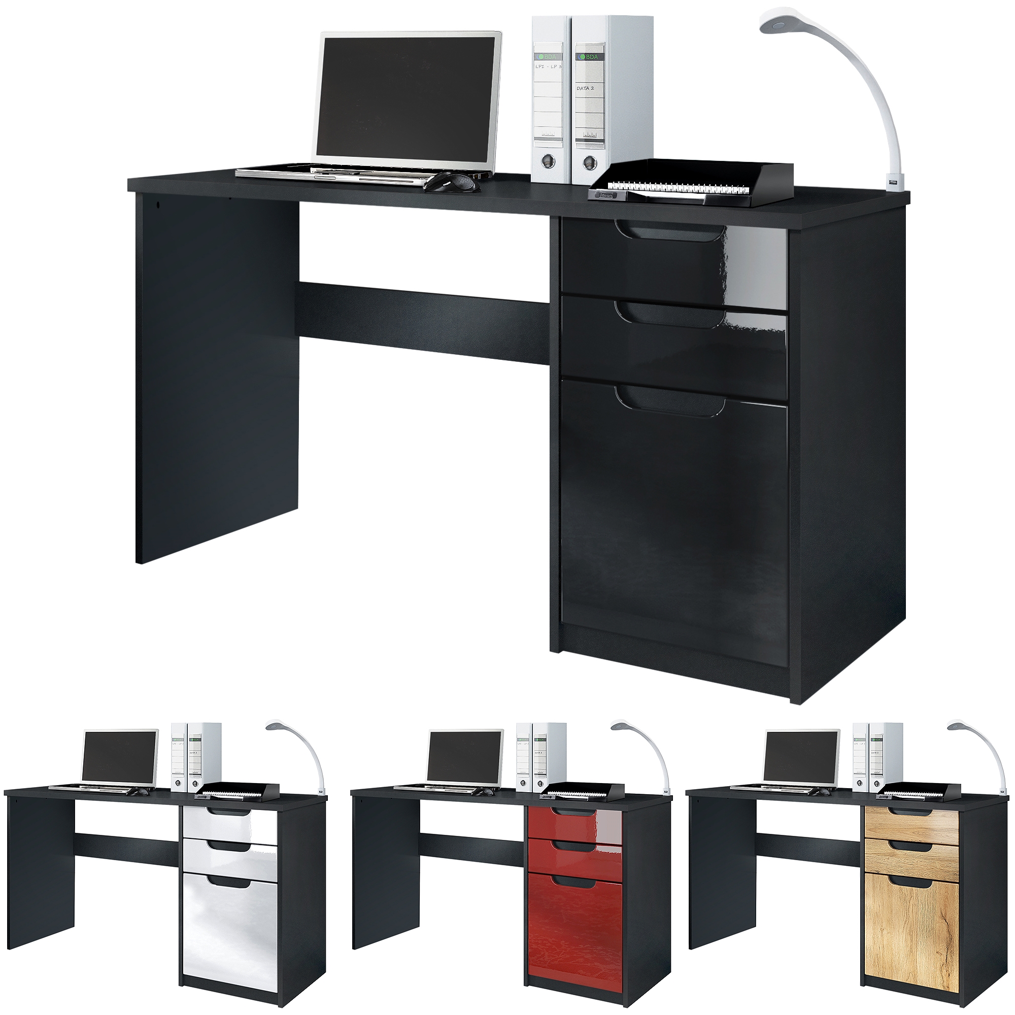 Schreibtisch Logan mit 2 Schubladen und 1 Tür Schwarz matt/Avola-Anthrazit (129 x 76 x 60 cm)