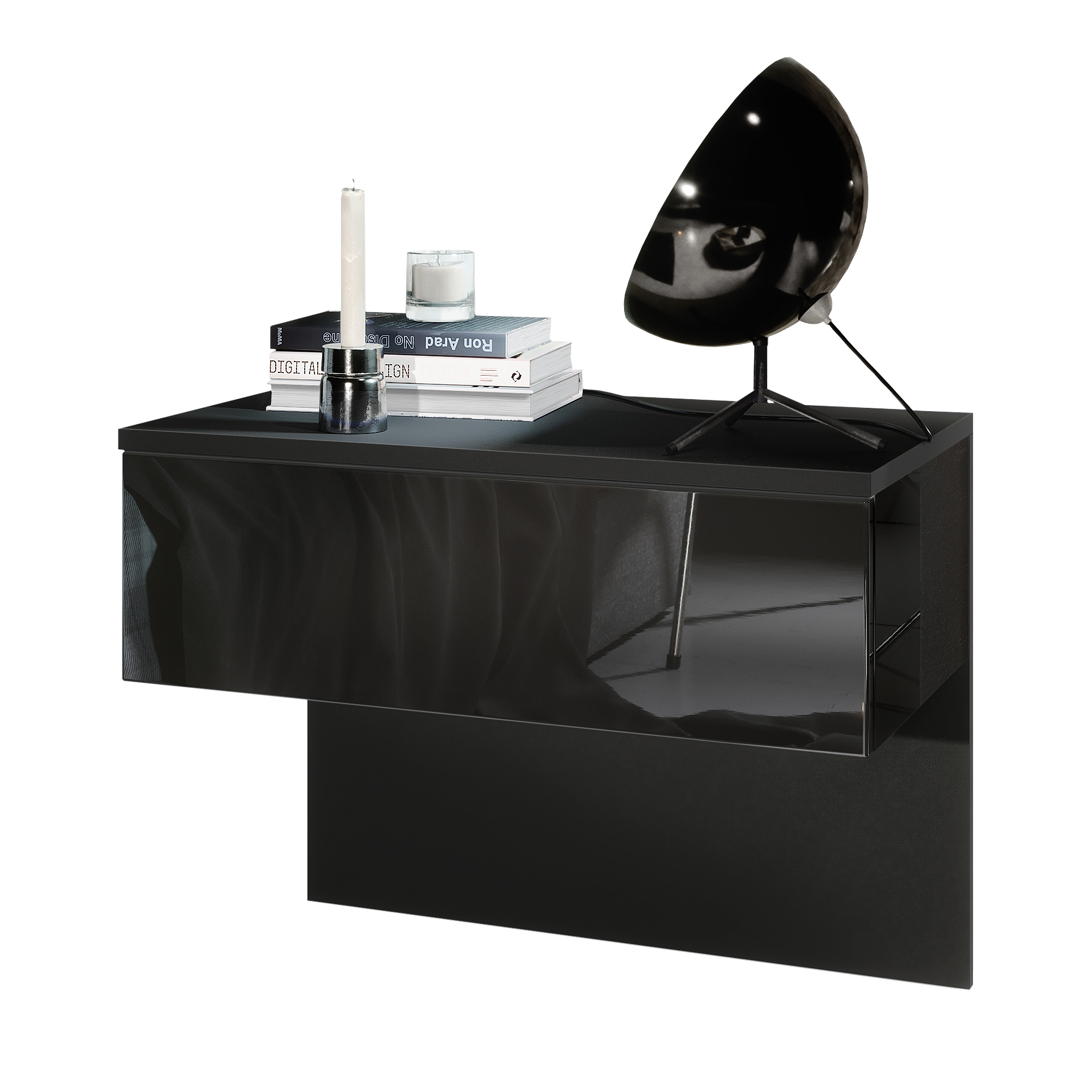 Nachttisch Sleep  mit Schublade zur Wandmontage Schwarz matt/Schwarz Hochglanz (60 x 46 x 35 cm)