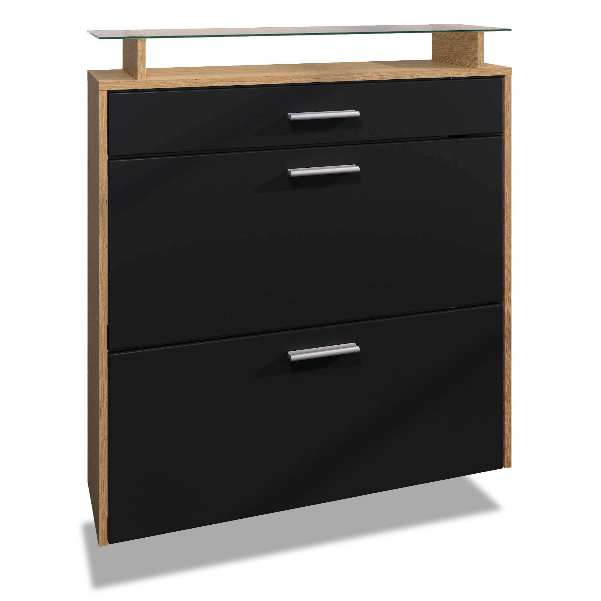 Schuhschrank Malea mit 1 Schublade und Glasablage Schuhregal in Eiche Skandi / Schwarz matt (89 x 95,5 x 23 cm)