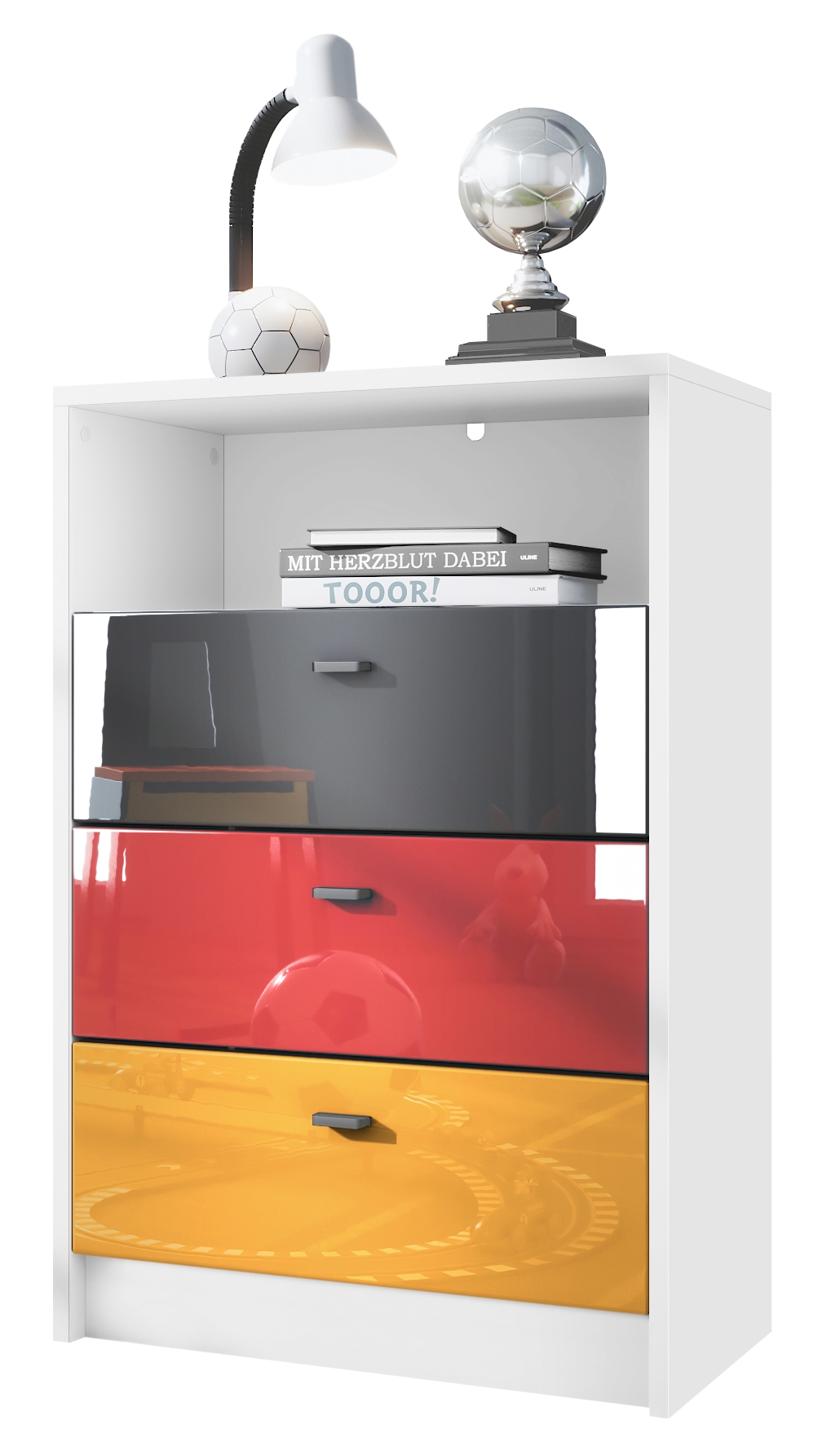 Pino V2 Kommode Fußball mit 3 Schubladen Fußball Deutschland - Schwarz, Rot & Gold Hochglanz (56x86,5x36 cm)