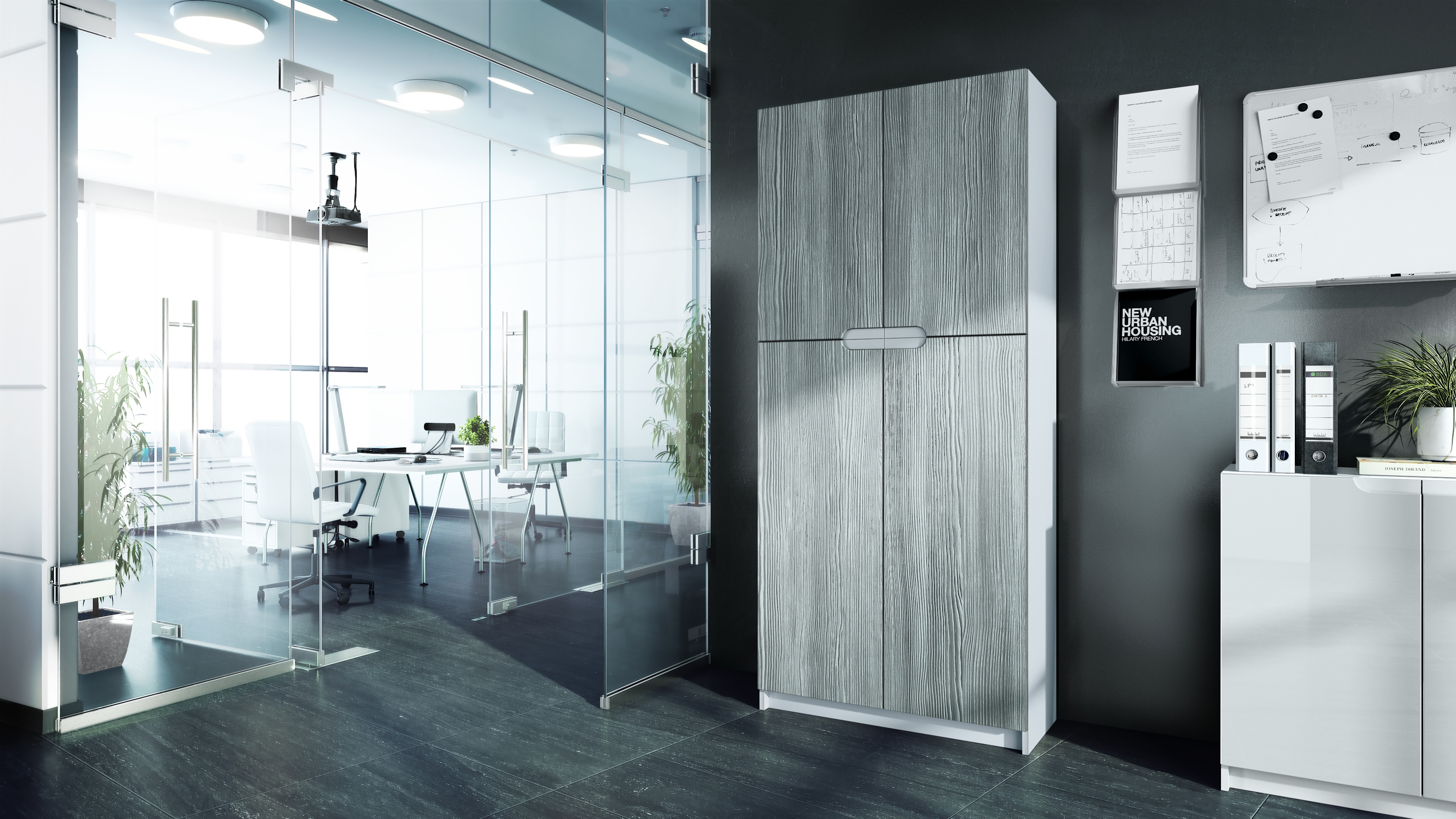 Büroschrank Logan V1 mit 5 Fächern und 4 Türen Weiß matt/Avola-Anthrazit (82 x 185 x 37 cm)