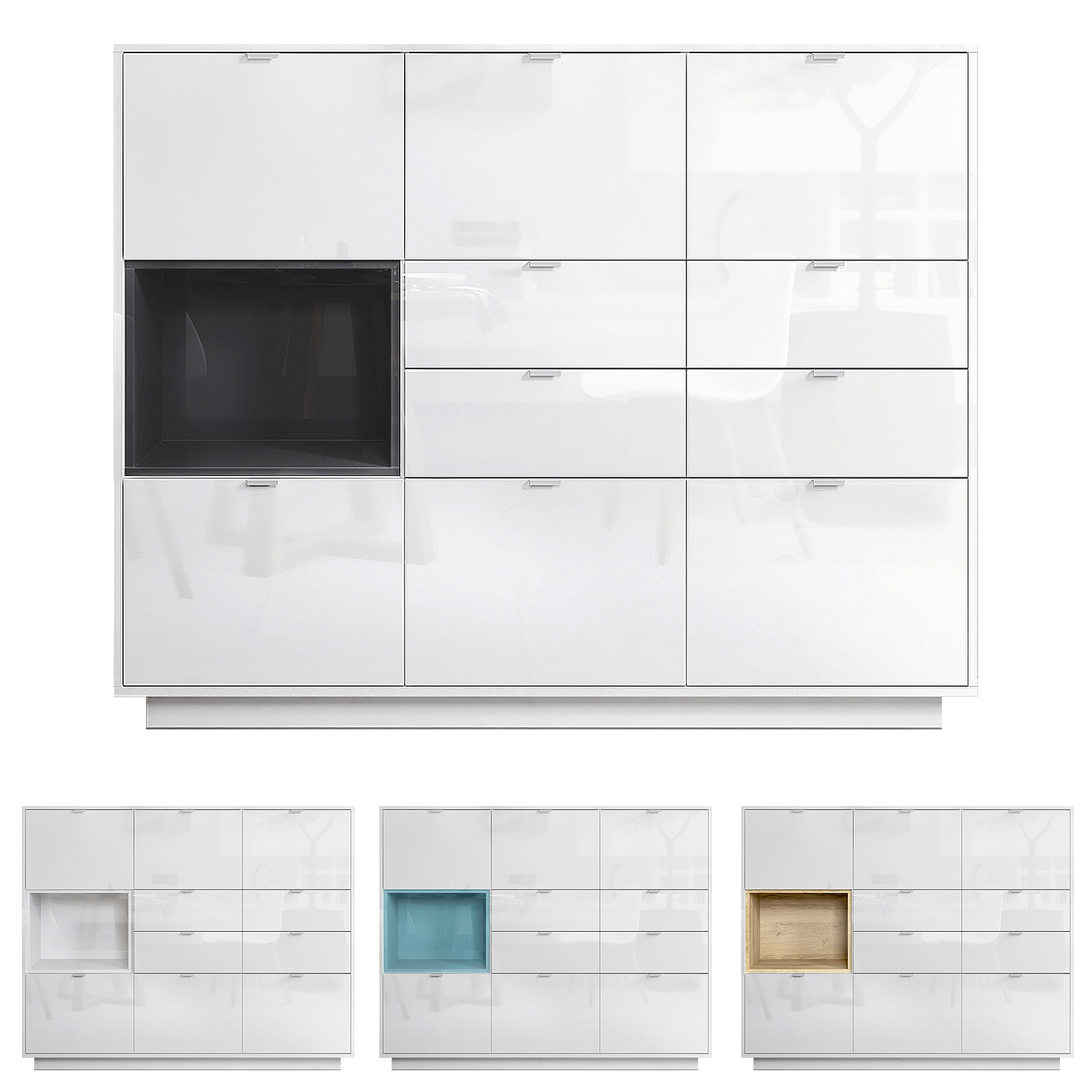 Highboard Metro V2  mit 6 Türen, 4 Schubladen und 1 offenem Fach Weiß Hochglanz/Beton Oxid Optik (153 x 123 x 38 cm)