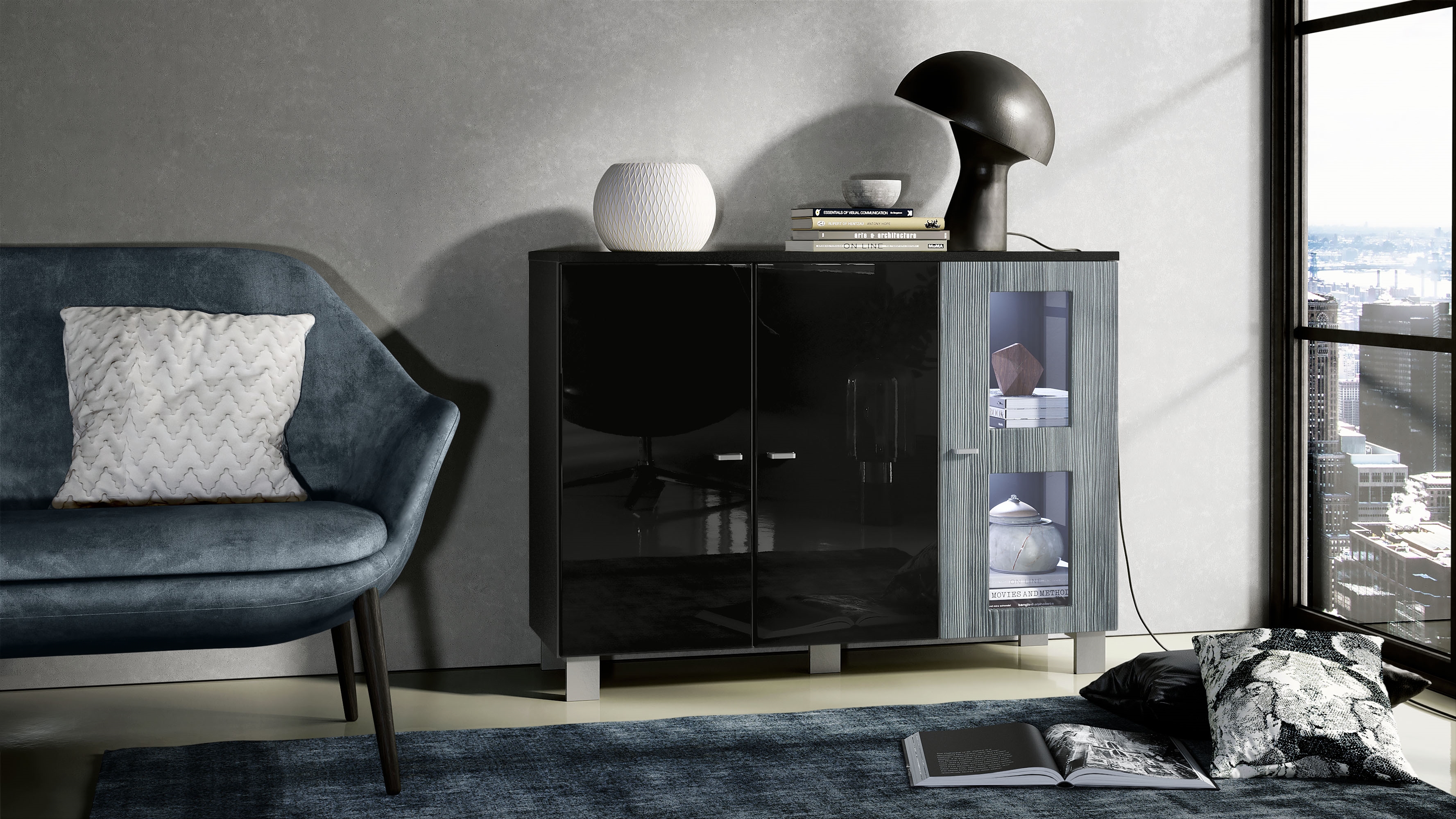 Sideboard Denjo  mit 3 Türen Schwarz matt&glänzend/Avola-Anthrazit mit Beleuchtung (107x81x35 cm)