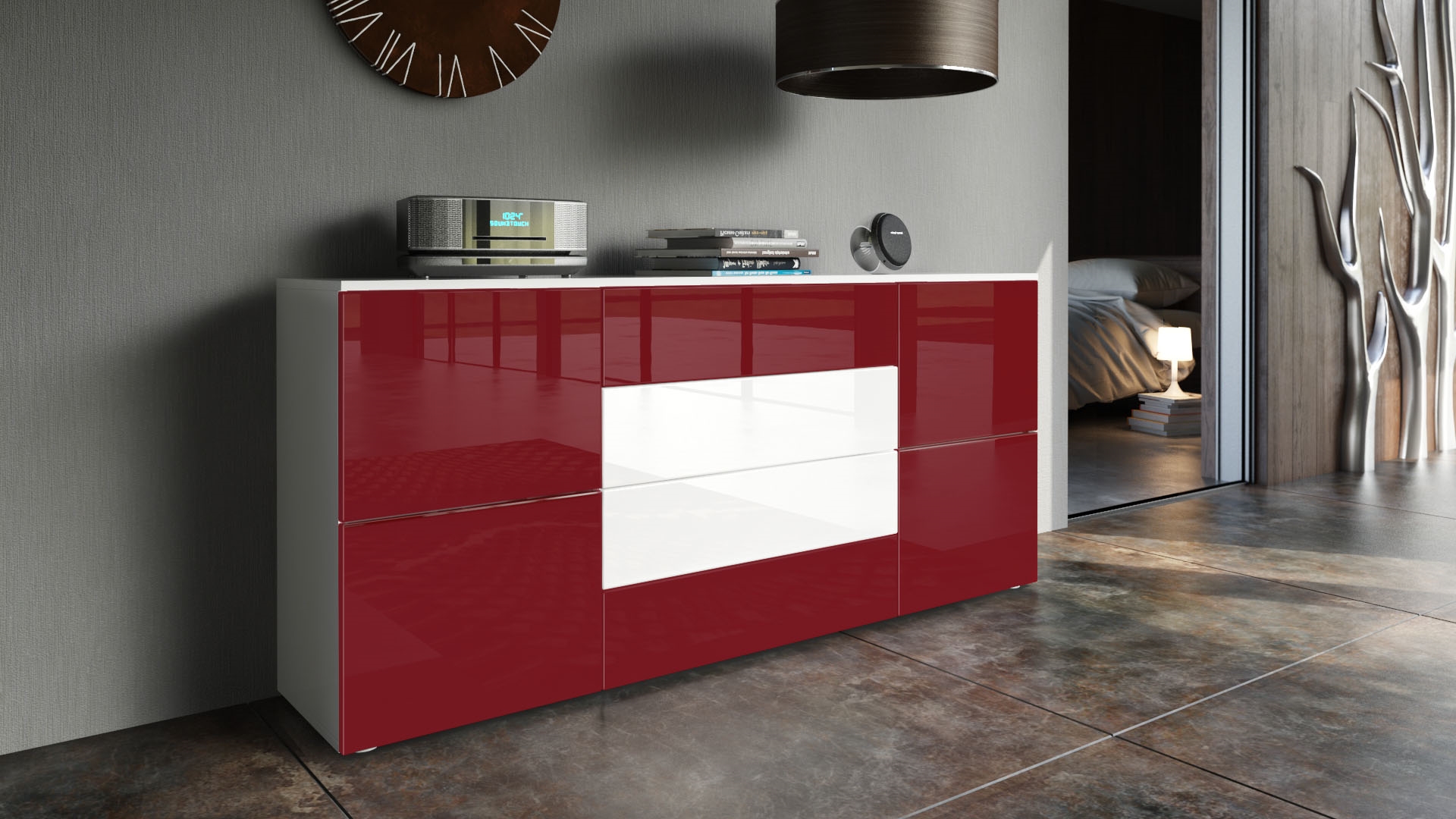 Sideboard Rova mit 4 Türen und 4 Schubladen Weiß matt/Bordeaux Hochglanz/Weiß Hochglanz (166 x 72 x 35 cm)
