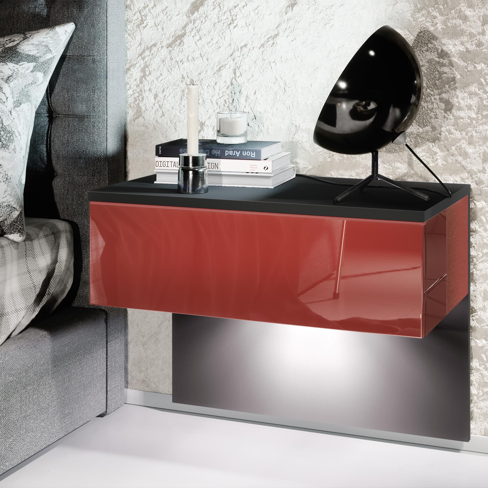 Nachttisch Sleep  mit Schublade zur Wandmontage Schwarz matt/Bordeaux Hochglanz, inkl. LED-Beleuchtung (60x46x35 cm)