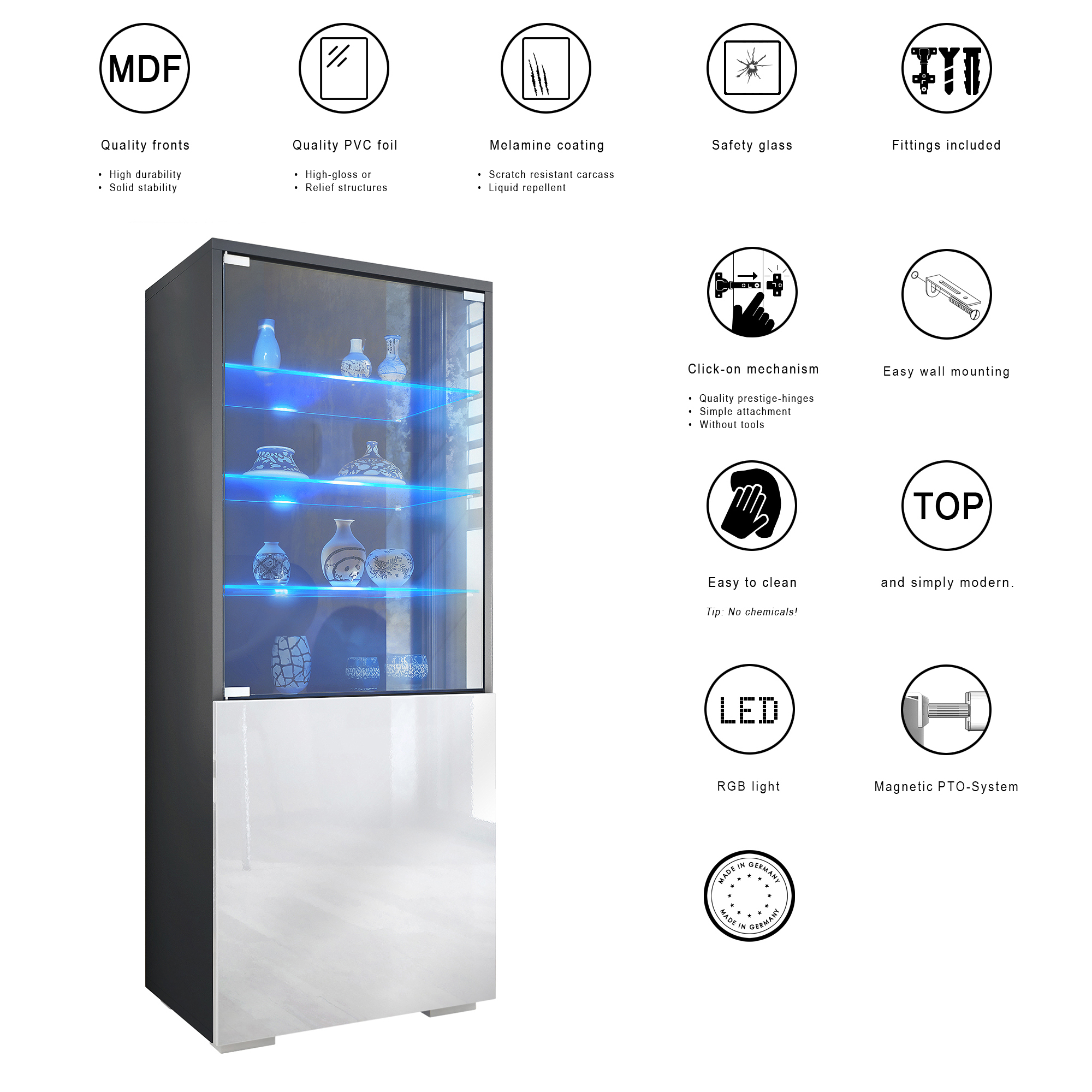 Granada Vitrine Anthrazit mit LED mit Glastür und Glaseinsatz inkl. LED Anthrazit matt/Avola-Anthrazit (50 x 122,5 x 34,5 cm)
