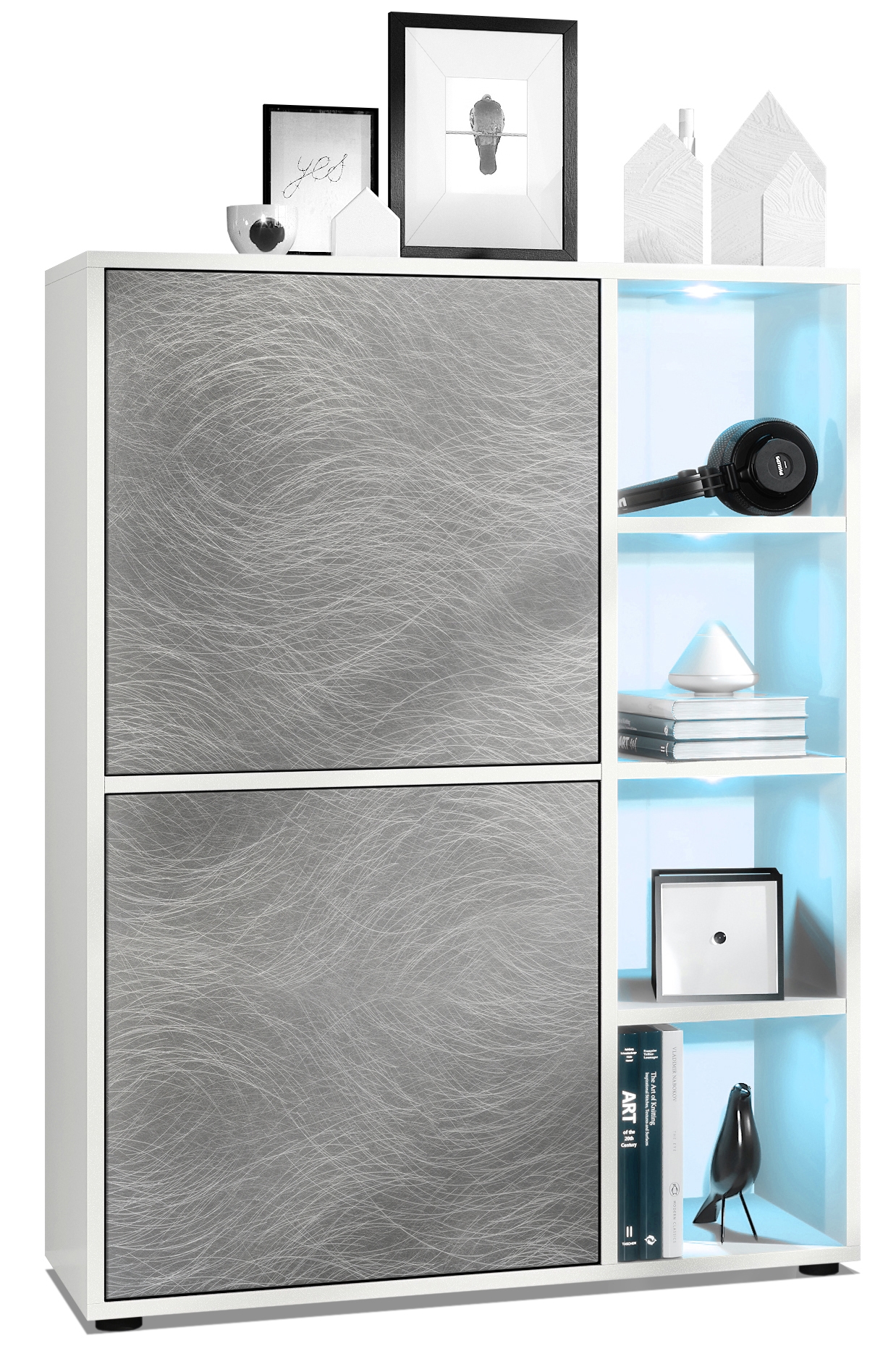 Highboard Cuba und 4 offene Fächer inkl. RGB LED Beleuchtung Weiß matt/Scratchy metal (79 x 105,5 x 35,5 cm)