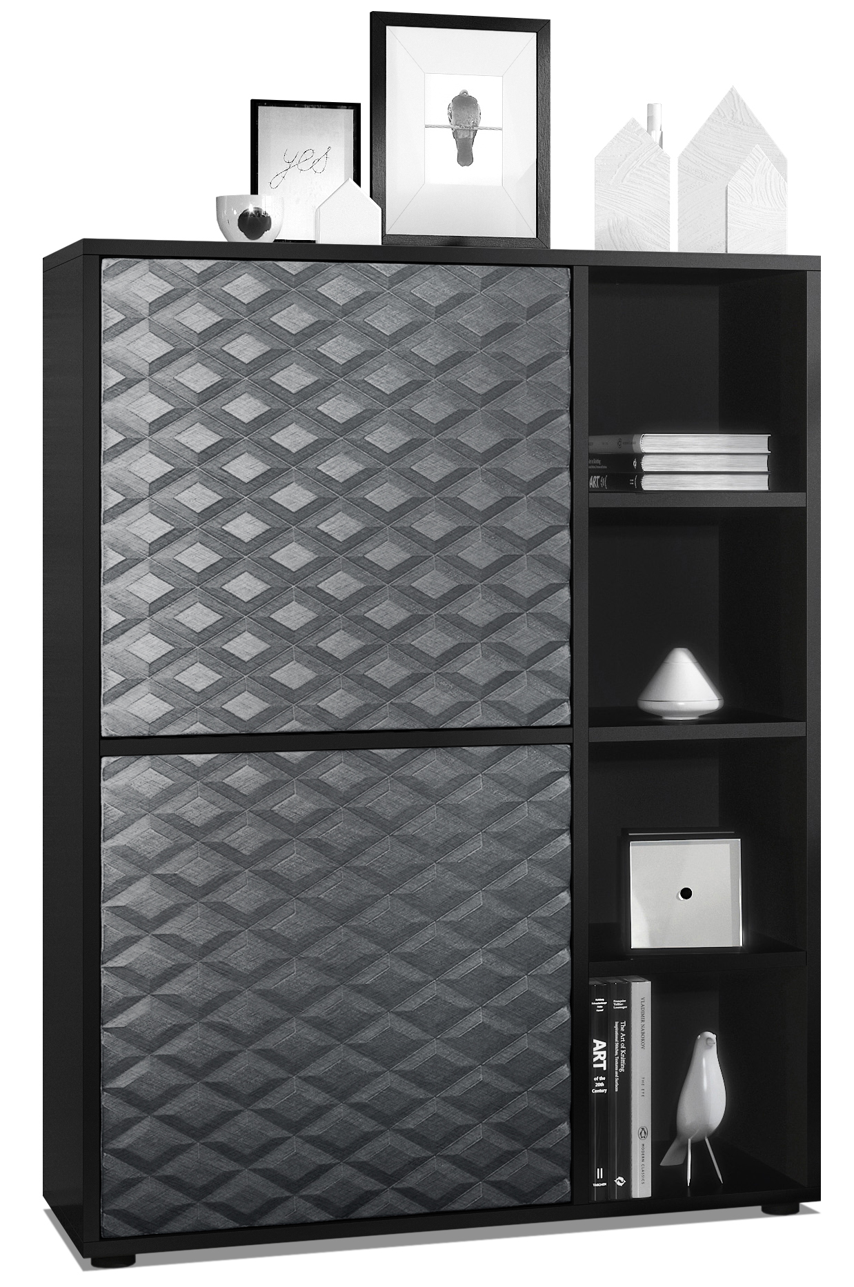Highboard Cuba mit 2 Türen und 4 offene Fächer Schwarz matt/Stahlgrau 3D Struktur (79 x 105,5 x 35,5 cm)