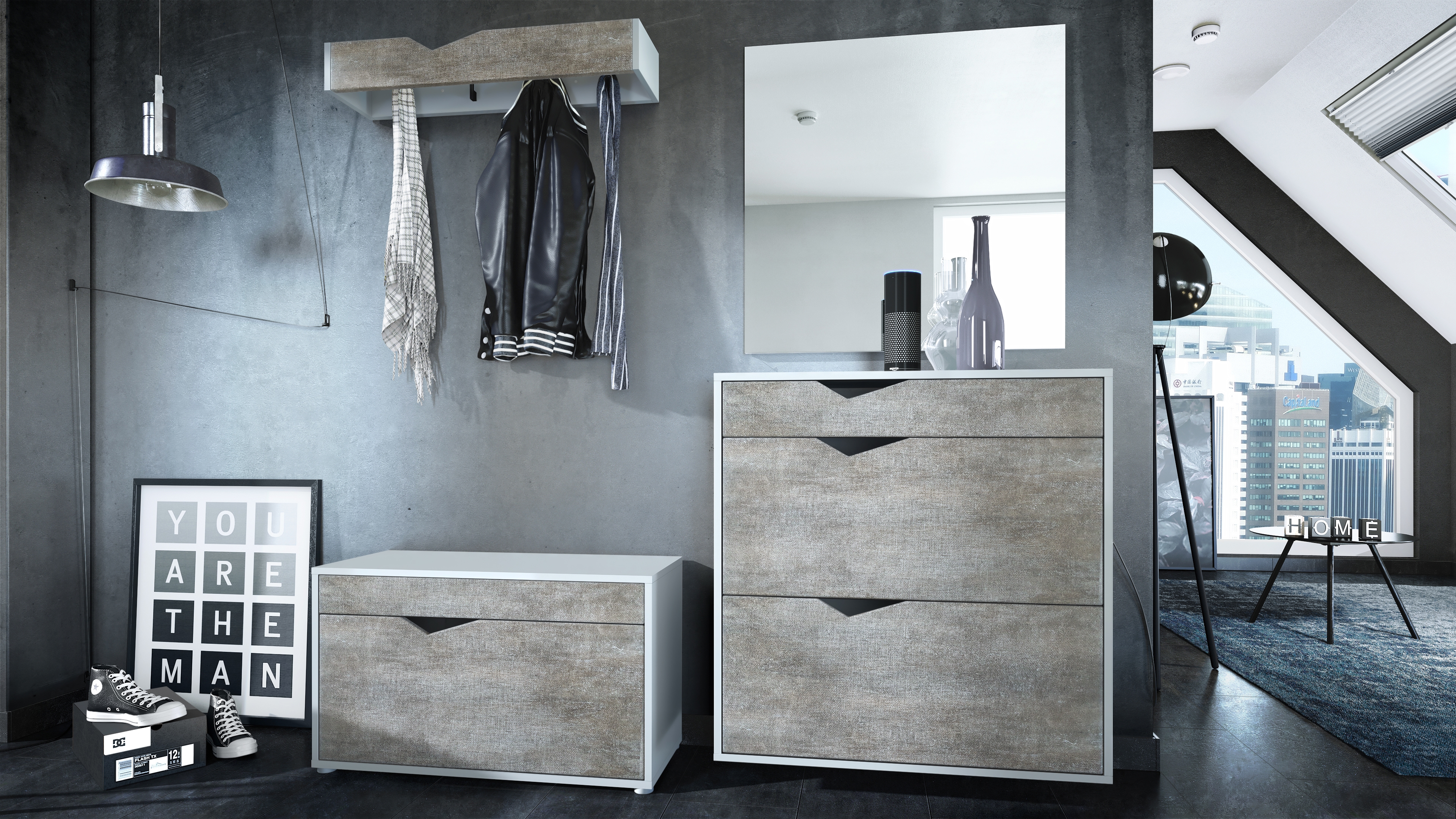Garderobenset Kolmio 1 Schuhbank, 1 Spiegel und 1 Wandgarderobe Weiß matt/Braun meliert (190 x 185 x 33 cm)