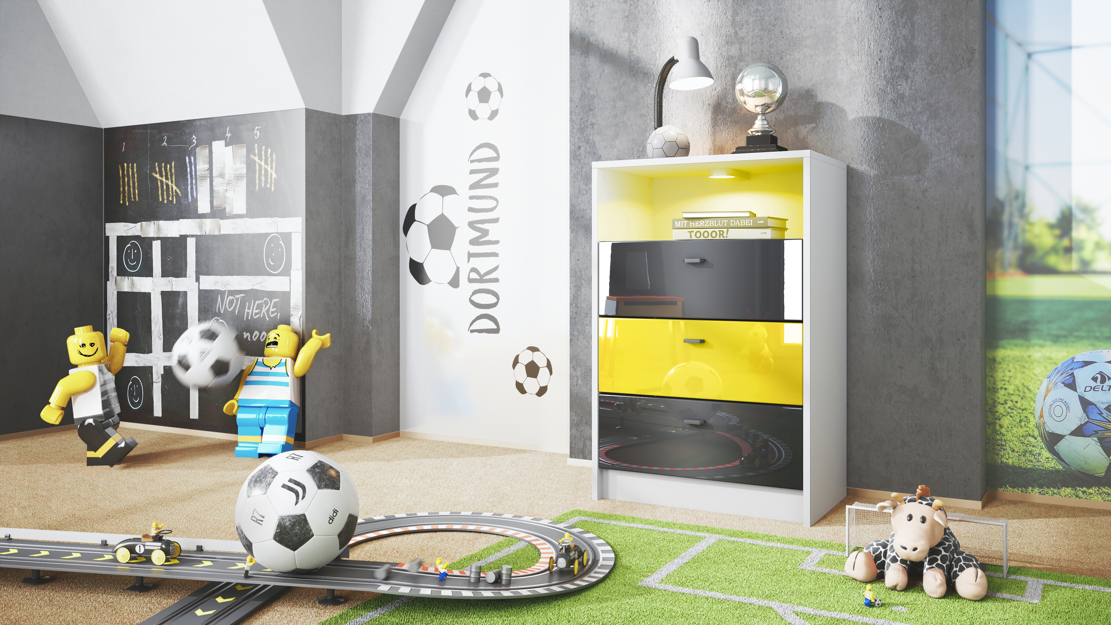 Pino V2 Kommode Fußball mit 3 Schubladen inkl. RGB LED Beleuchtung Fußball Dortmund - Schwarz, Gelb & Schwarz glänzend (56x86,5x36 cm)