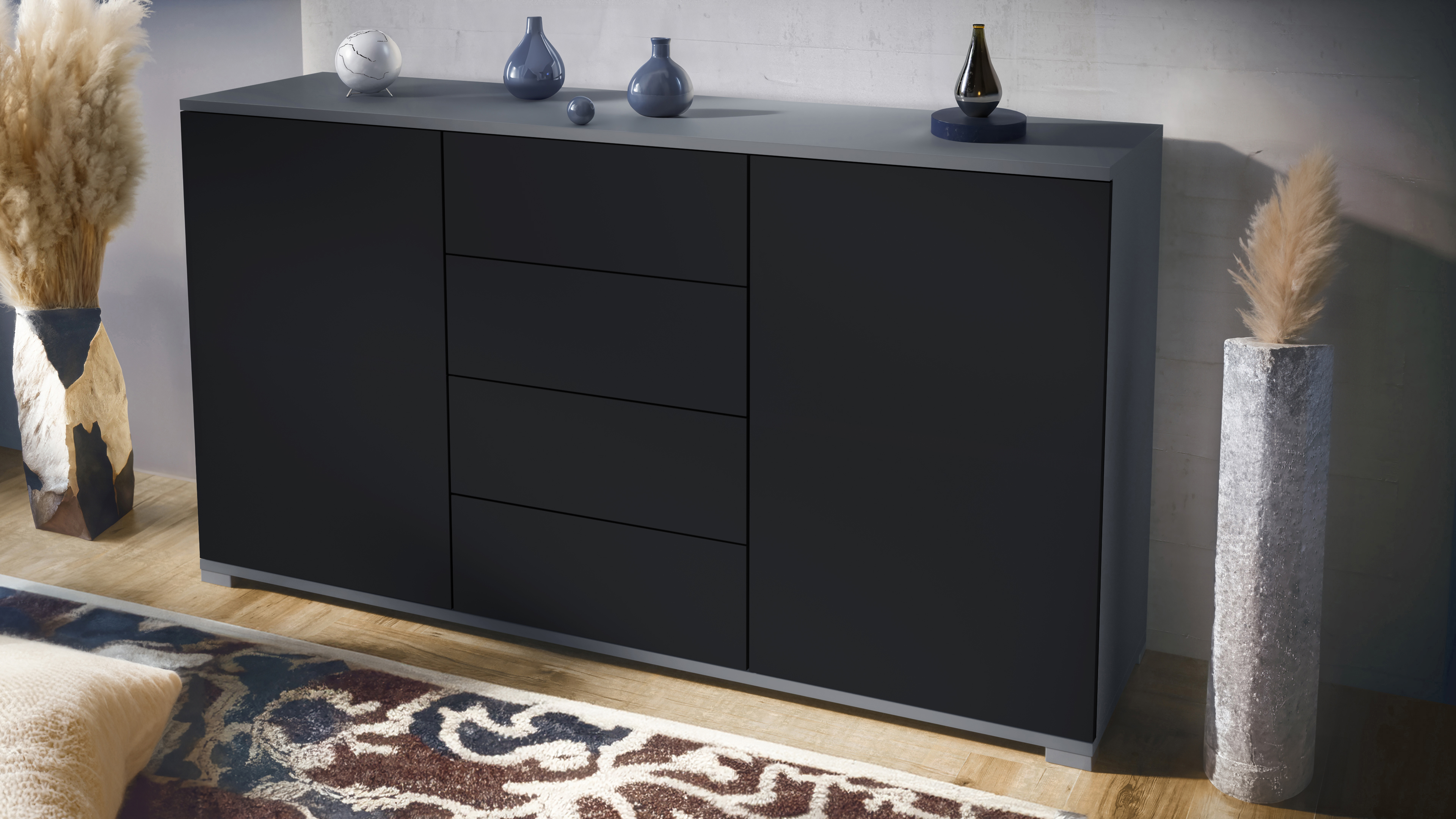 Santo V1 Sideboard Anthrazit mit 2 Türen und 4 Schubladen Anthrazit matt/Schwarz matt (138,5 x 75,5 x 35 cm)