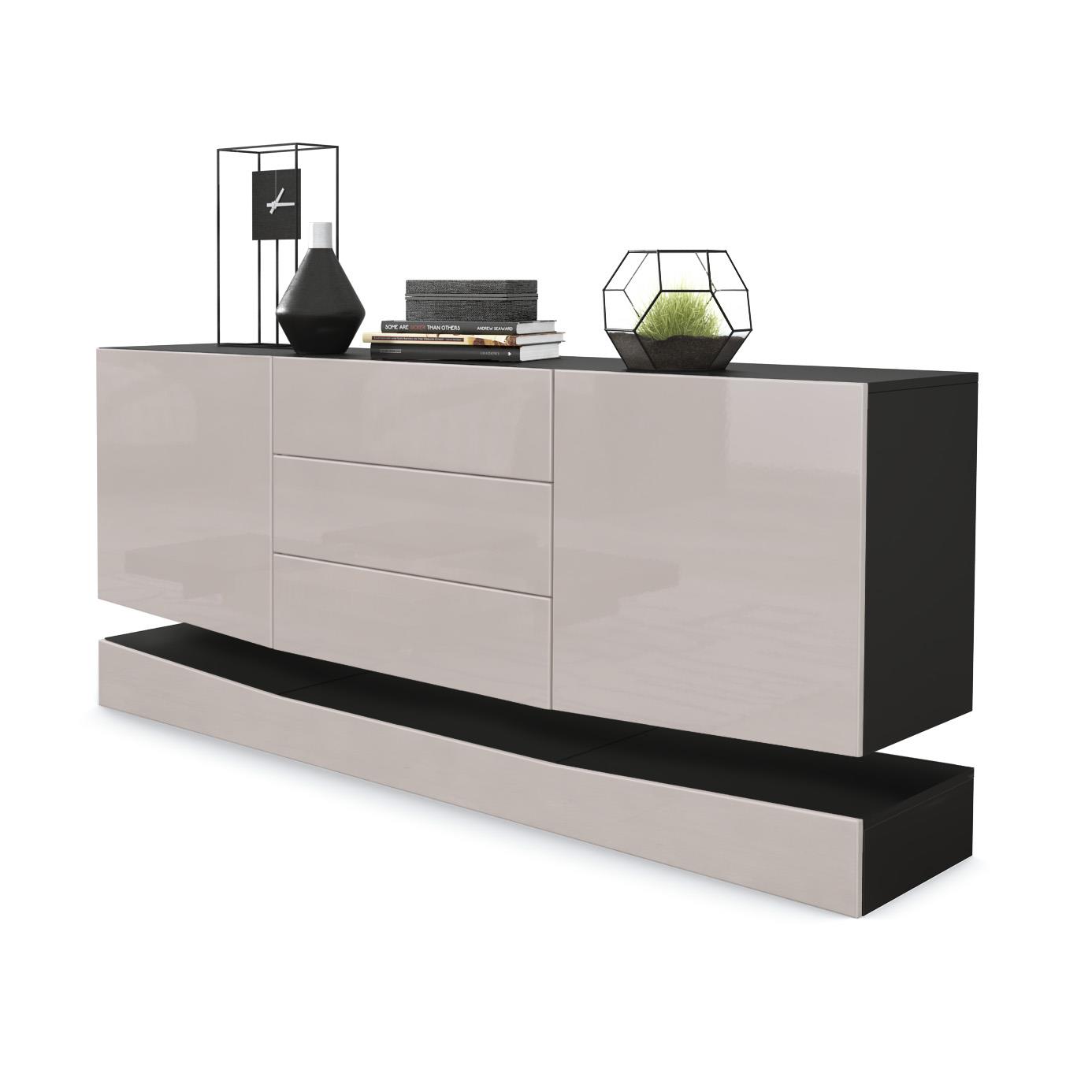 Sideboard City  mit 2 Türen und 3 Schubladen Schwarz matt/Sandgrau Hochglanz (178 x 72 x 38 cm)