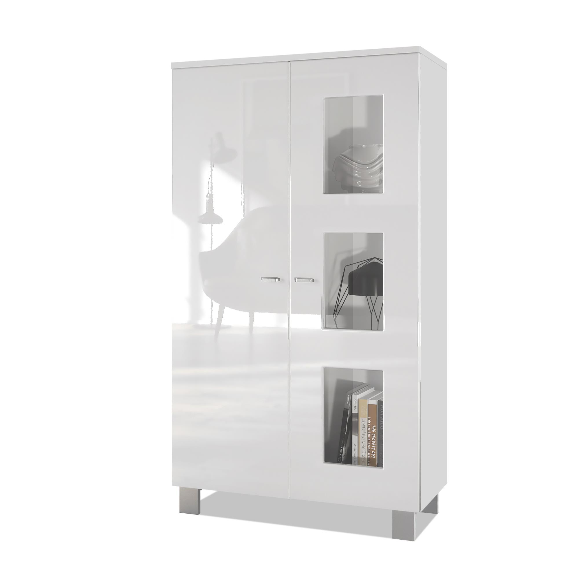 Vitrine Denjo  mit 2 Türen und 3 Glaseinsätzen Weiß matt/ Weiß Hochglanz (71 x 129 x 35 cm)