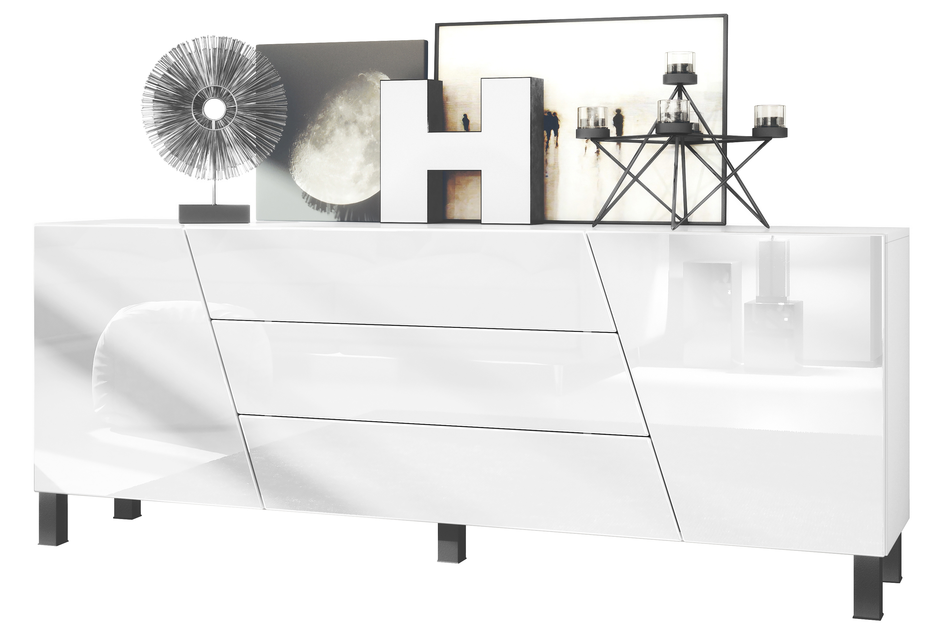 Houston Sideboard mit 2 Türen und 3 Schubladen Weiß matt/Weiß Hochglanz (178 x 57,5 x 38,5 cm)