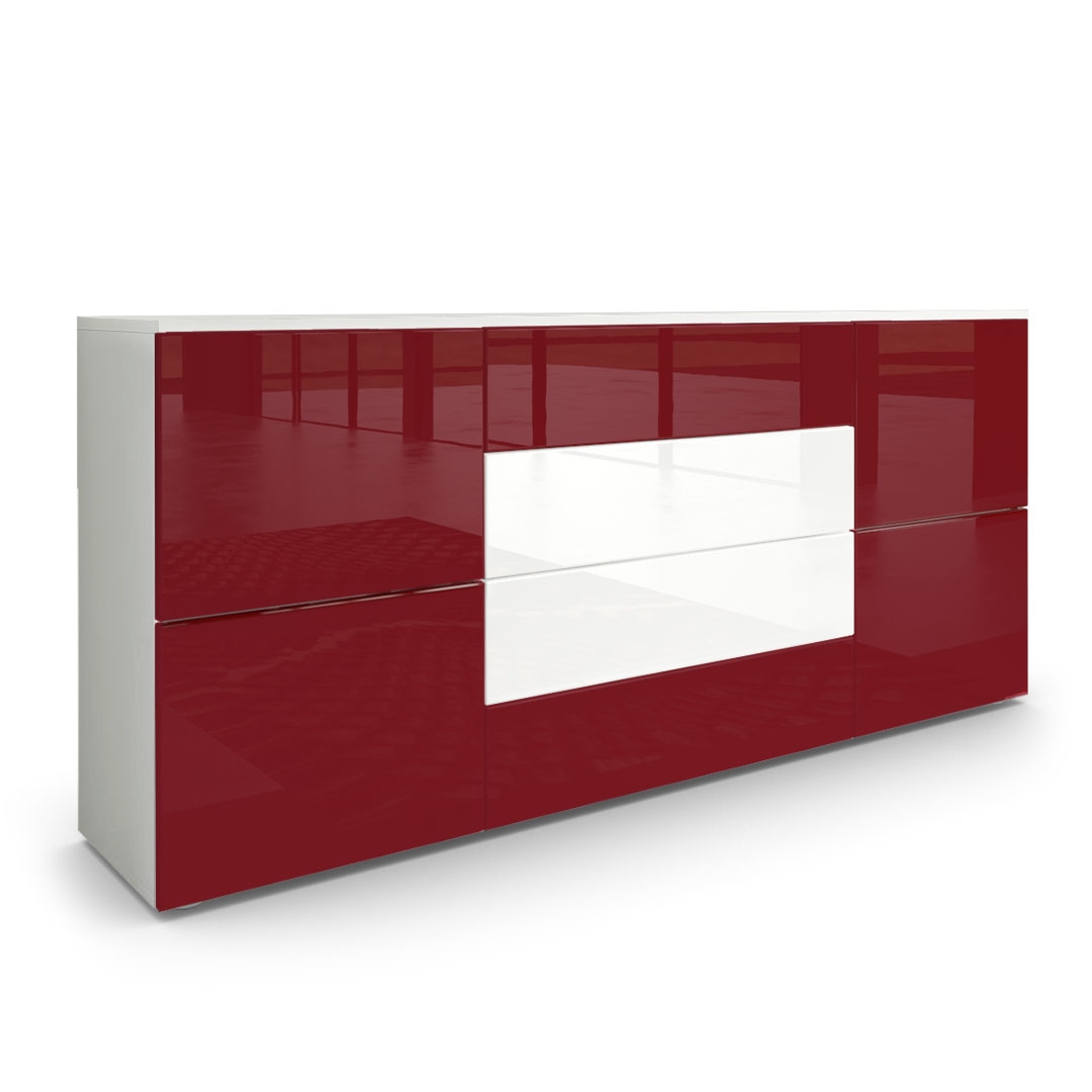 Sideboard Rova mit 4 Türen und 4 Schubladen Weiß matt/Bordeaux Hochglanz/Weiß Hochglanz (166 x 72 x 35 cm)
