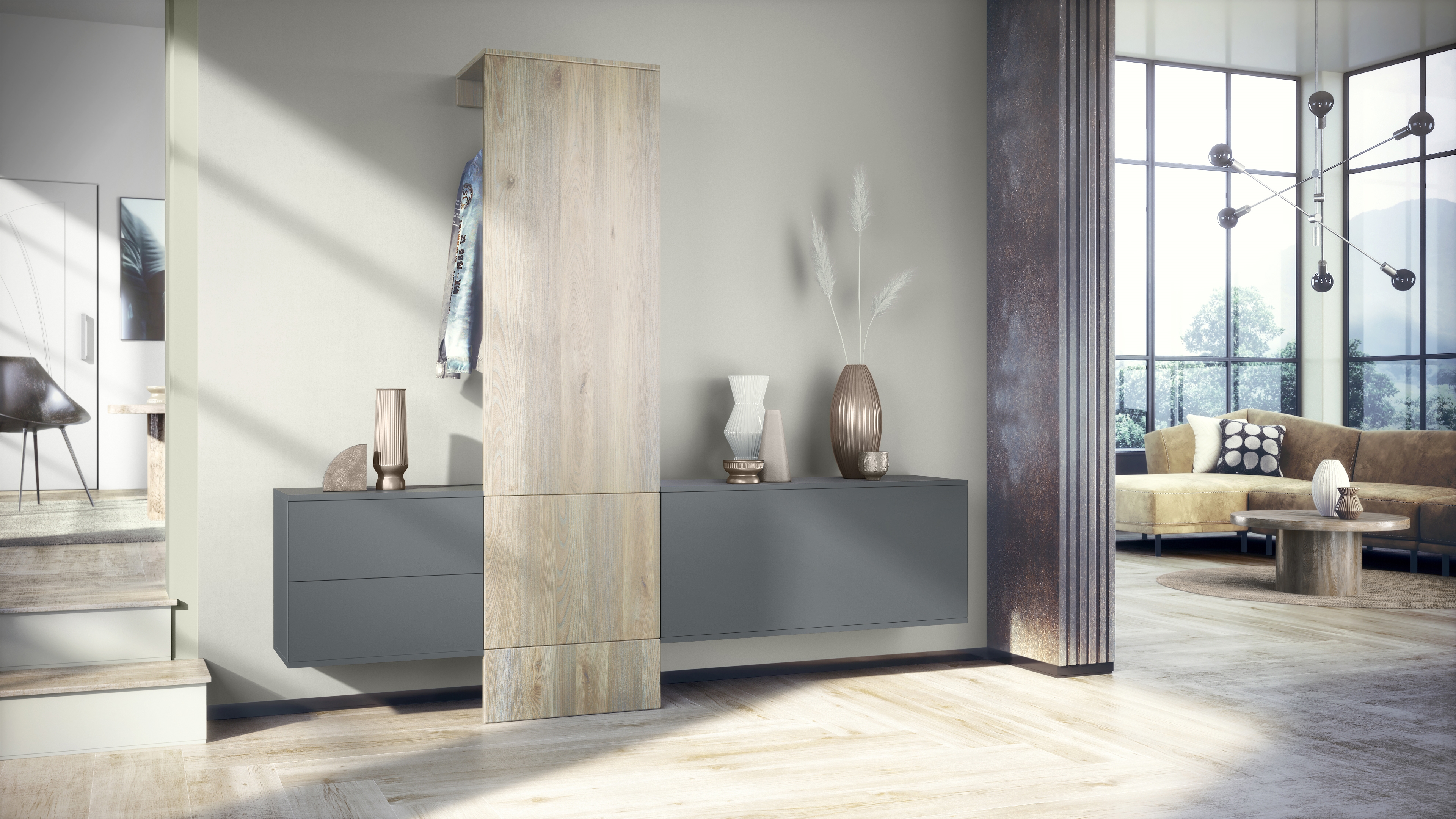 Garderobe Carlton Set 1 Anthrazit 4-tlg. 1 Paneel, 1 Schubkastenschrank und 1 Schrankmodul Anthrazit matt/Eiche Nordic (209 x 193 x 35 cm)