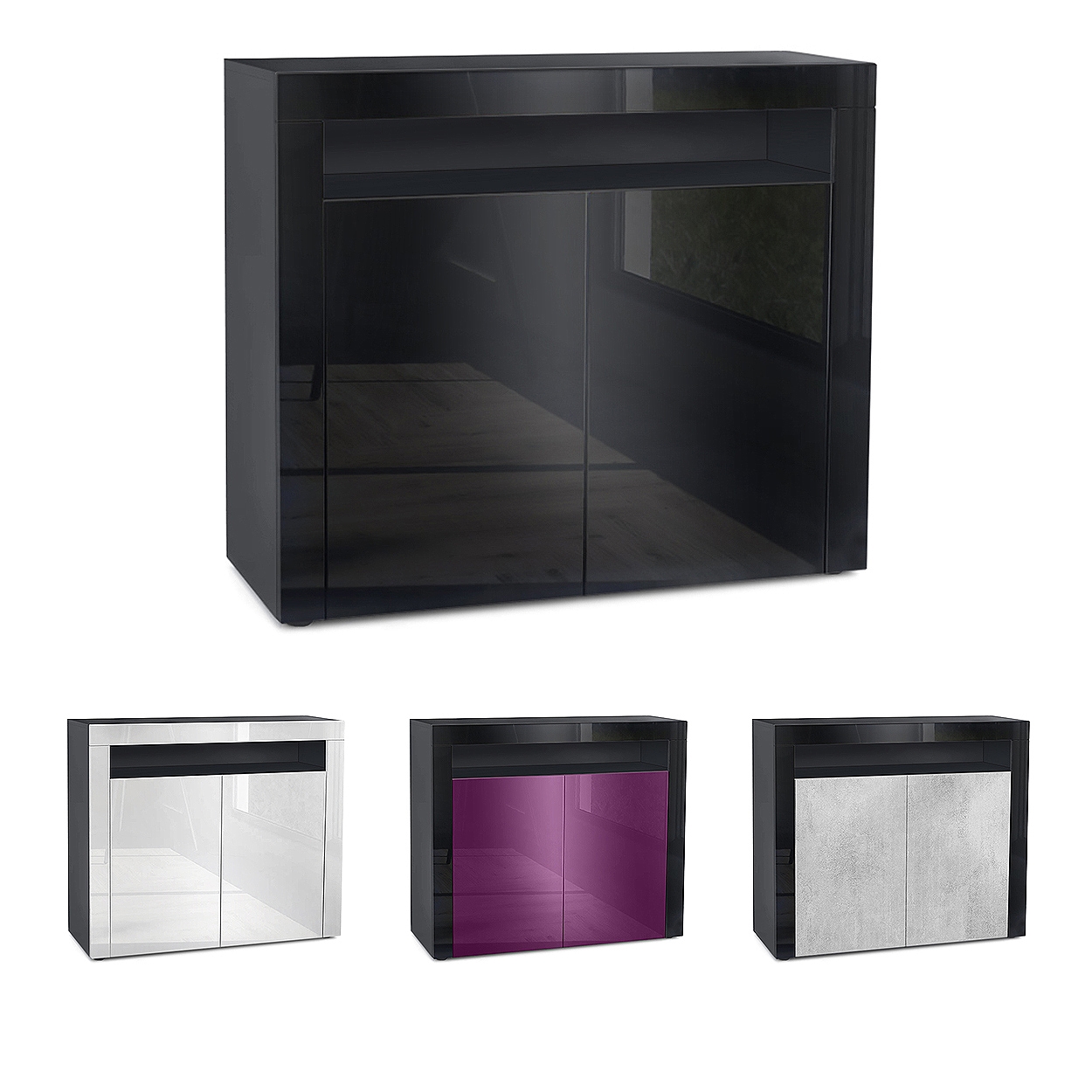 Kommode Valencia Sideboard mit 2 Türen und 1 offenem Fach Schwarz matt/Beton Oxid Optik/Beton Oxid Optik (108 x 92 x 40 cm)