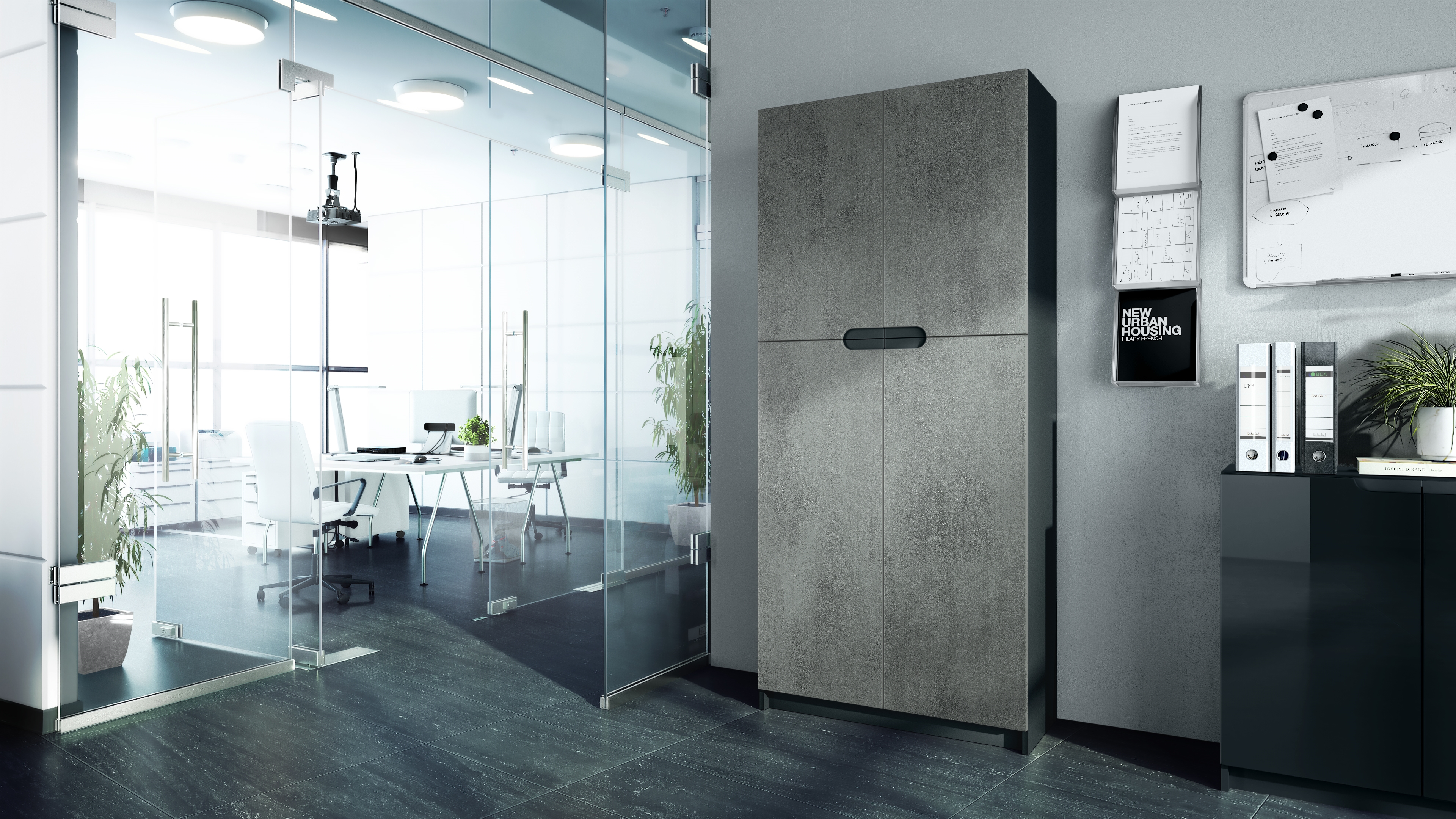 Büroschrank Logan V1 mit 5 Fächern und 4 Türen Schwarz matt/Beton dunkel Optik (82 x 185 x 37 cm)
