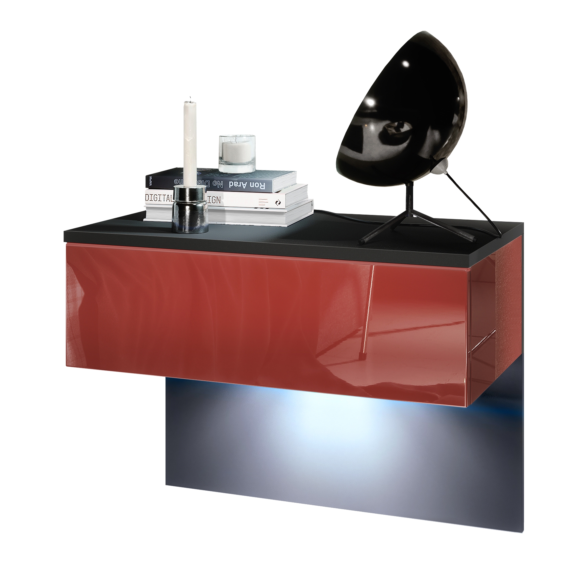 Nachttisch Sleep  mit Schublade zur Wandmontage Schwarz matt/Bordeaux Hochglanz, inkl. LED-Beleuchtung (60x46x35 cm)