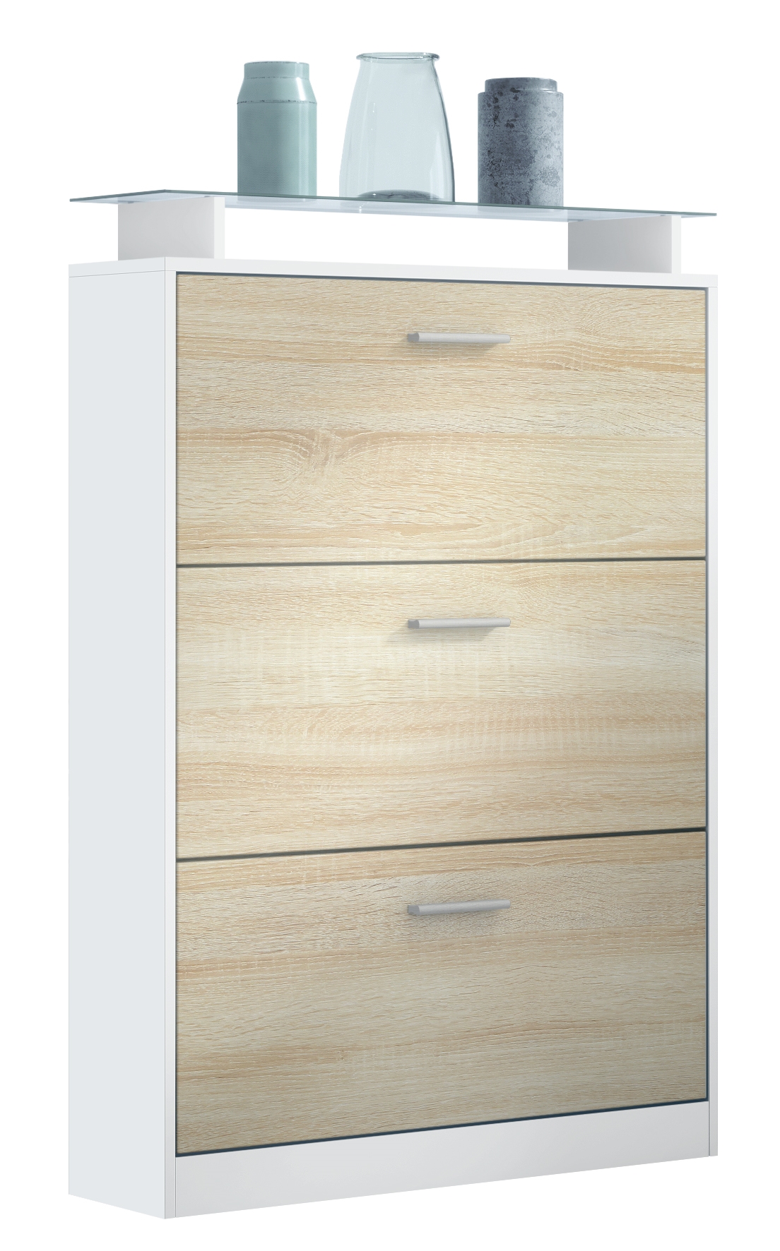 Schuhschrank Lavia  für 24 Paar Schuhe mit 3 Klappen und Glasablage Weiß matt/Eiche sägerau (89 x 128 x 23 cm)