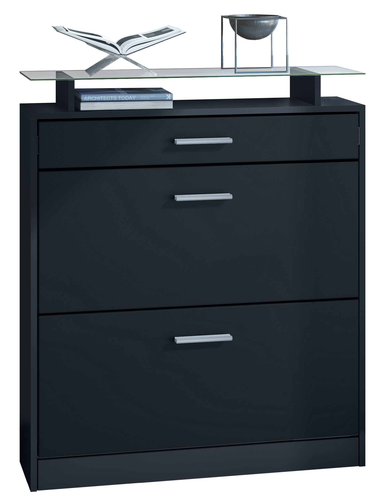 Schuhschrank Loret mit 2 Klappen und 1 Schublade und Glasablage Schwarz matt/Schwarz matt (89 x 104 x 23 cm)