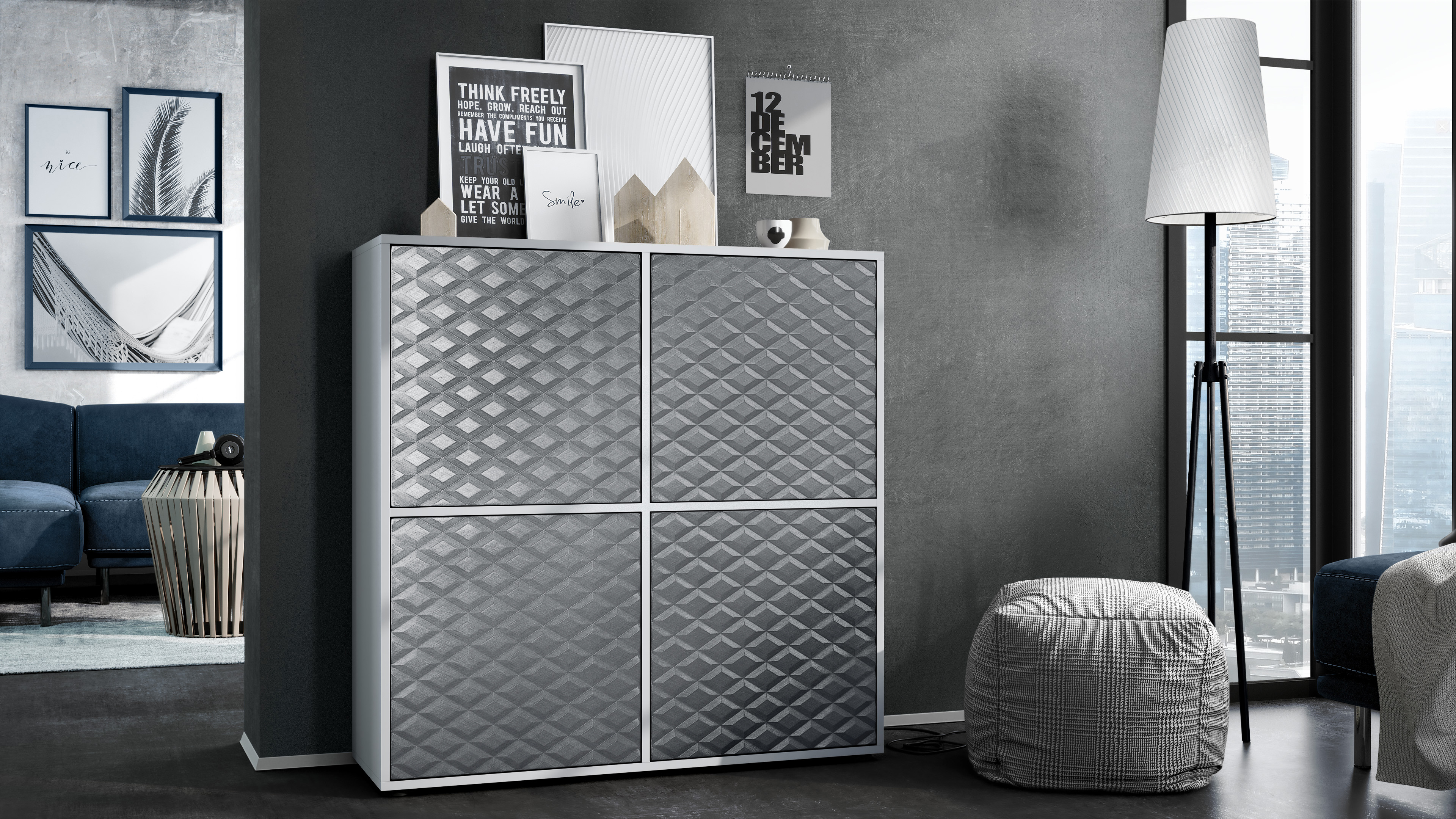 Highboard Cuba V2 mit 2 Türen, dahinter 8 Fächer Weiß matt/Stahlgrau 3D Struktur (104 x 105,5 x 35,5 cm)
