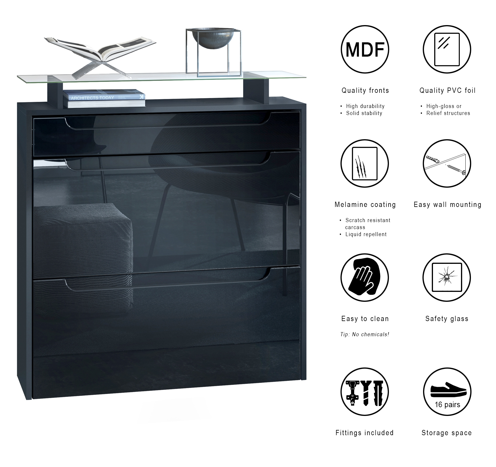 Schuhschrank Annie mit 2 Klappen, 1 Schublade und Glasablage Schwarz matt/Avola-Anthrazit (89 x 96 x 23 cm)