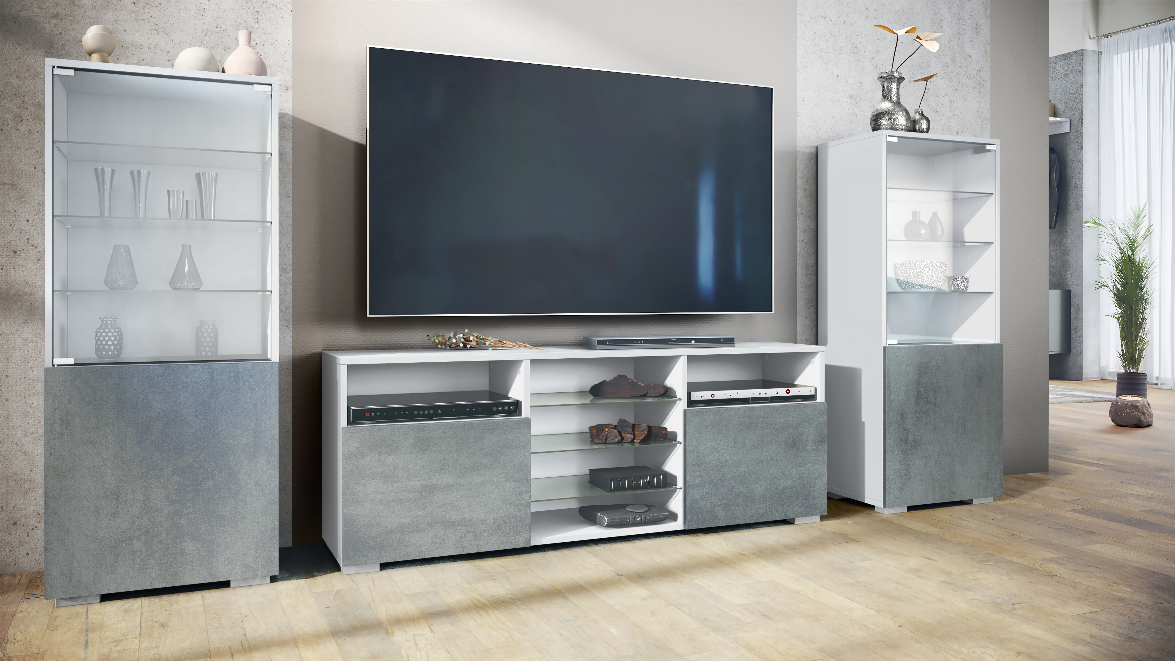 Wohnwand 3-tlg. Granada Weiß bestehend aus 2 Vitrinen und 1 TV-Board Weiß matt/Beton Dunkel Optik (286 x 122,5 x 35 cm)