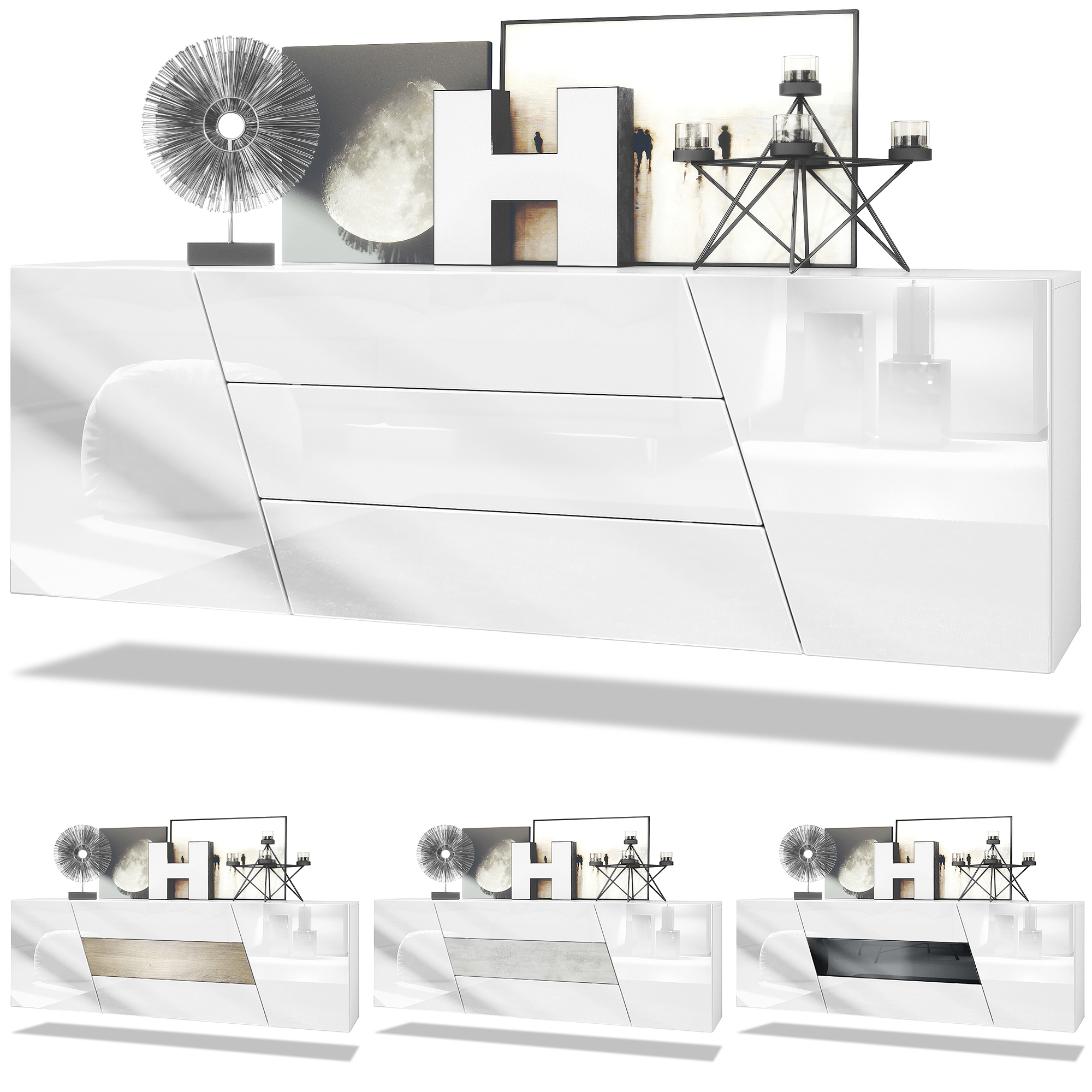 Houston Sideboard hängend mit 2 Türen und 3 Schubladen Weiß matt/Weiß Hochglanz/Schwarz Hochglanz (178 x 57,5 x 38,5 cm)