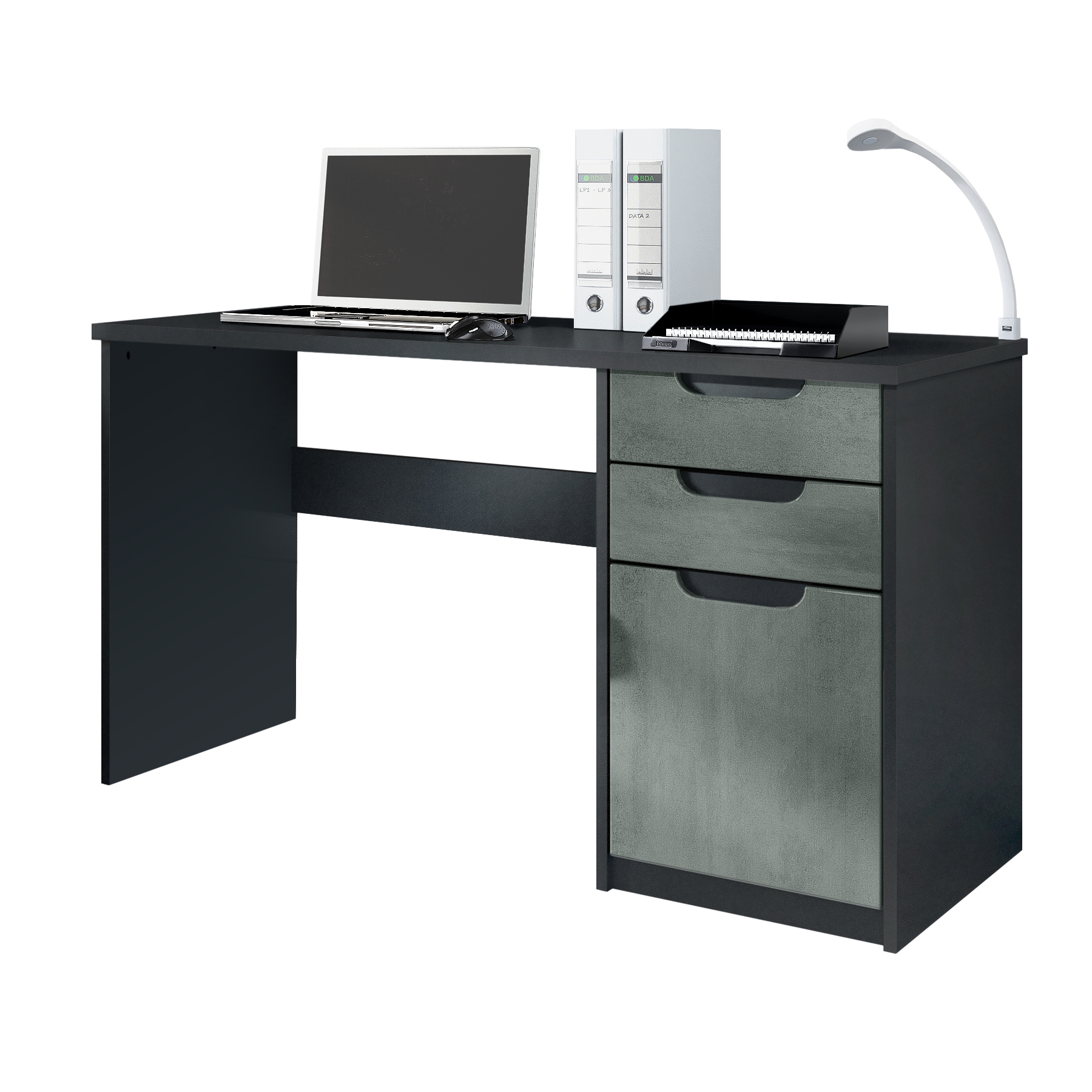 Schreibtisch Logan mit 2 Schubladen und 1 Tür Schwarz matt/Beton dunkel Optik (129 x 76 x 60 cm)
