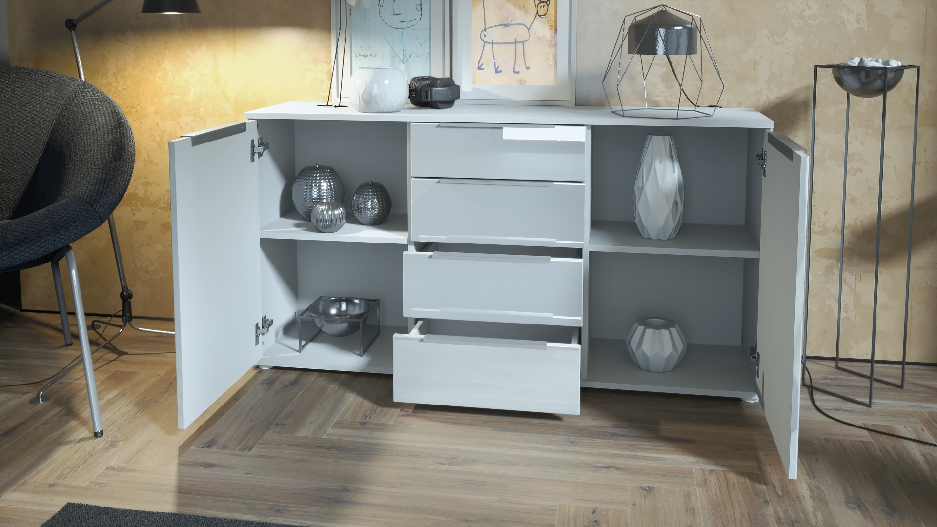 Linio V1 Sideboard  mit 2 Türen und 4 Schubladen Weiß matt/Petrol Hochglanz (139 x 72,5 x 35 cm)