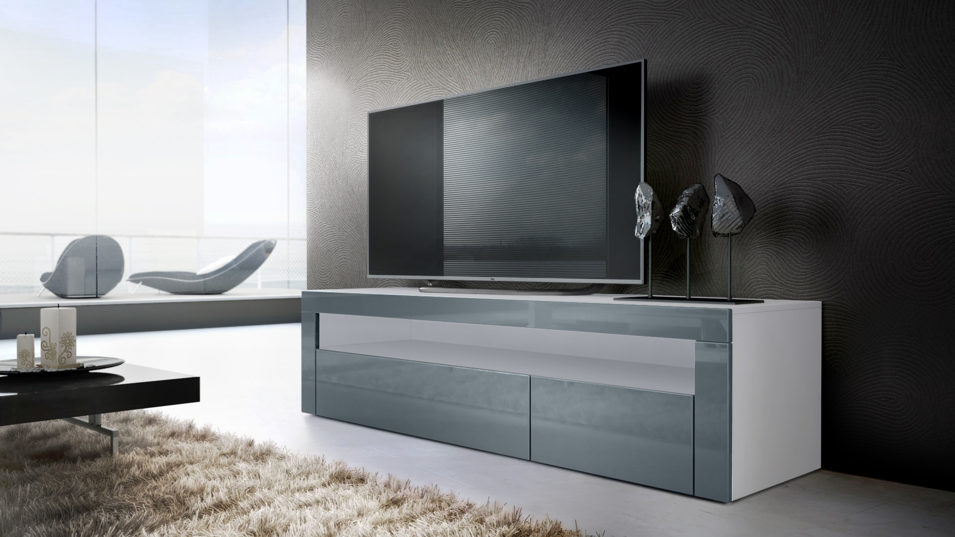Wohnzimmer-Set Berlin bestehend aus 1 TV Board und 1 Couchtisch Weiß matt/Grau Hochglanz