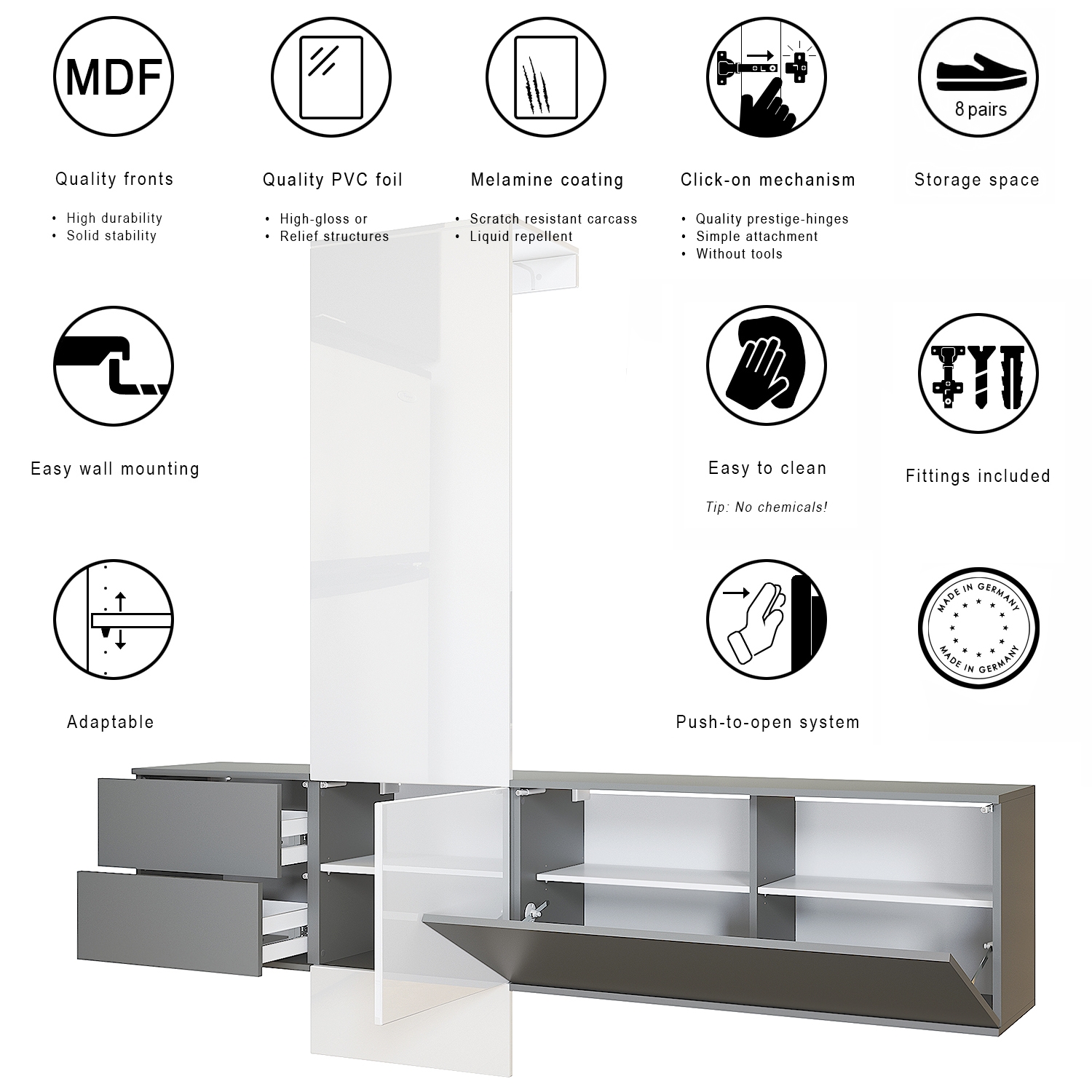 Garderoben Set DualVista bestehend aus 1 Garderobenpaneel, 2 Schrank Elementen und 2 Spiegel Anthrazit matt/Sandgrau Hochglanz