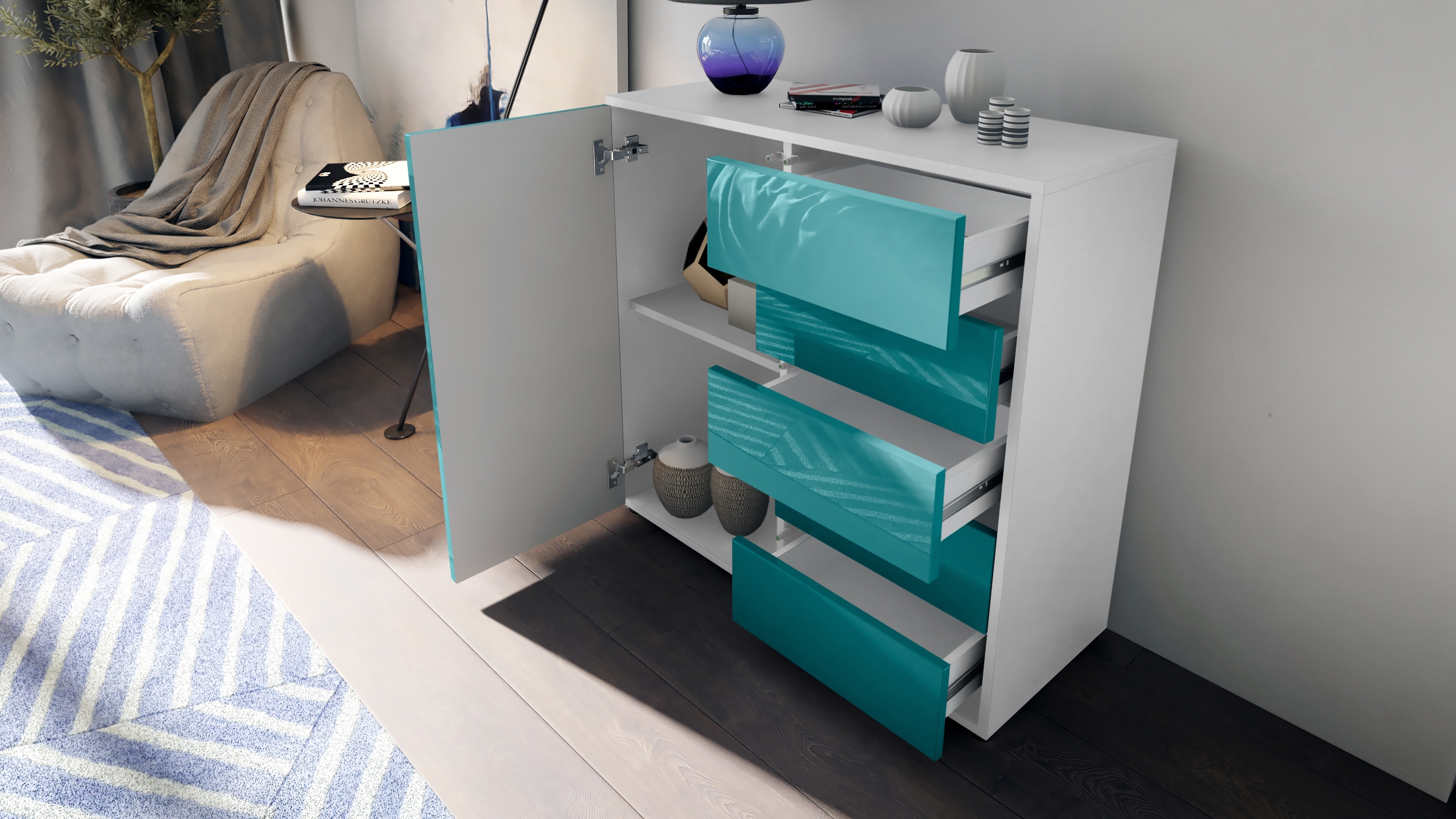 Kommode Ben V2  mit 1 Tür und 5 Schubladen Weiß matt/Weiß matt (79 x 74 x 36 cm)