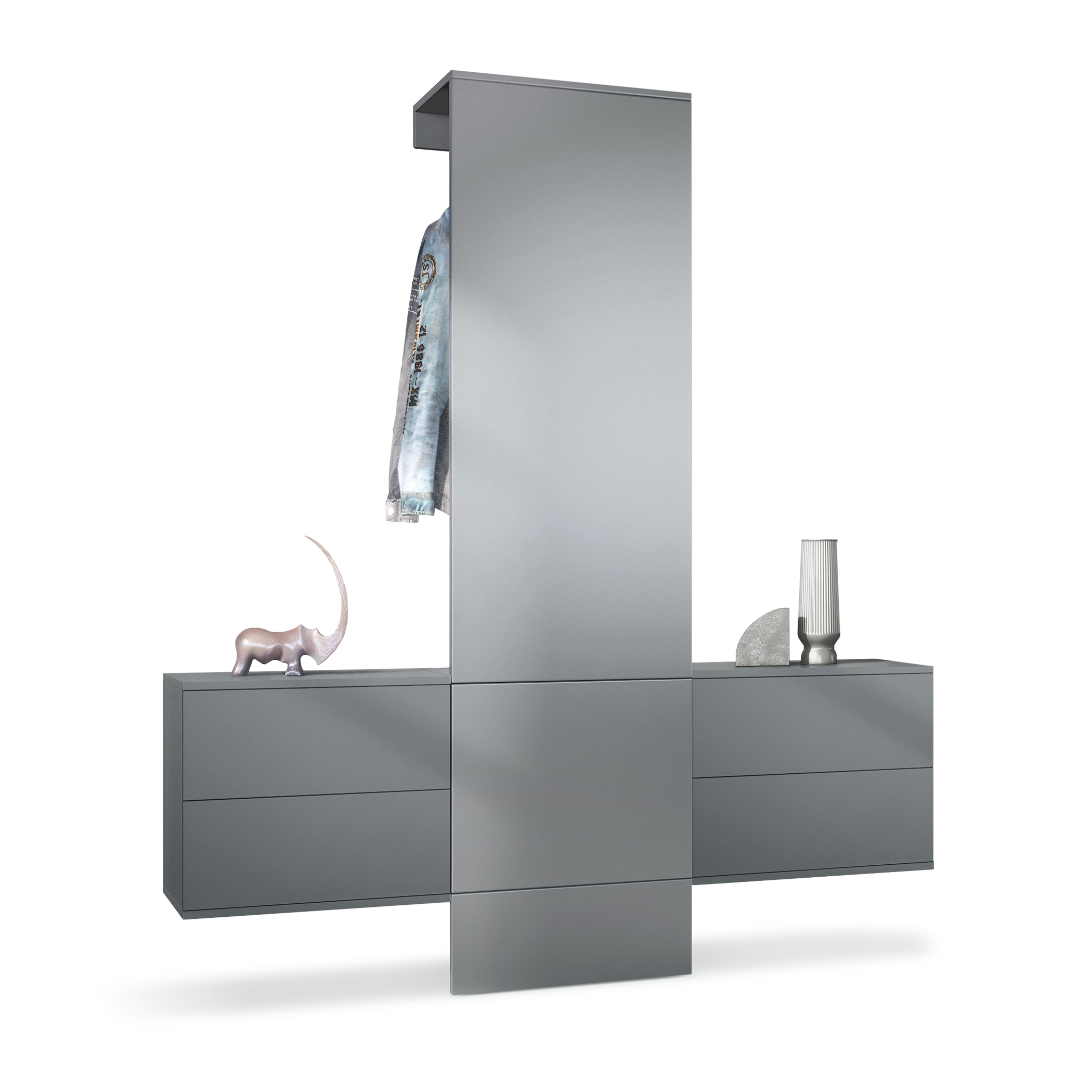 Garderobe Carlton Set 3 Anthrazit 4-tlg. 1 Paneel und 2 Schubkastenschränke Anthrazit matt/Graphit Seidenmatt (157 x 193 x 35 cm)