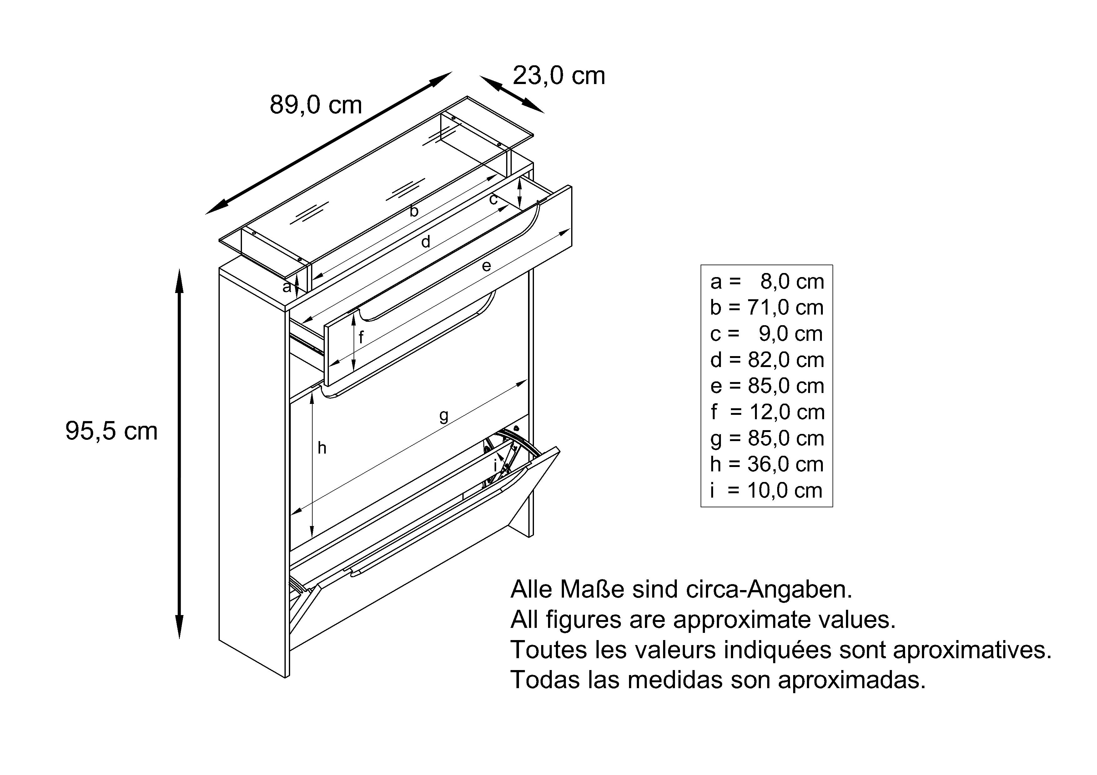 Schuhschrank Annie mit 2 Klappen, 1 Schublade und Glasablage Weiß matt/Creme Hochglanz/Schwarz Hochglanz (89 x 96 x 23 cm)
