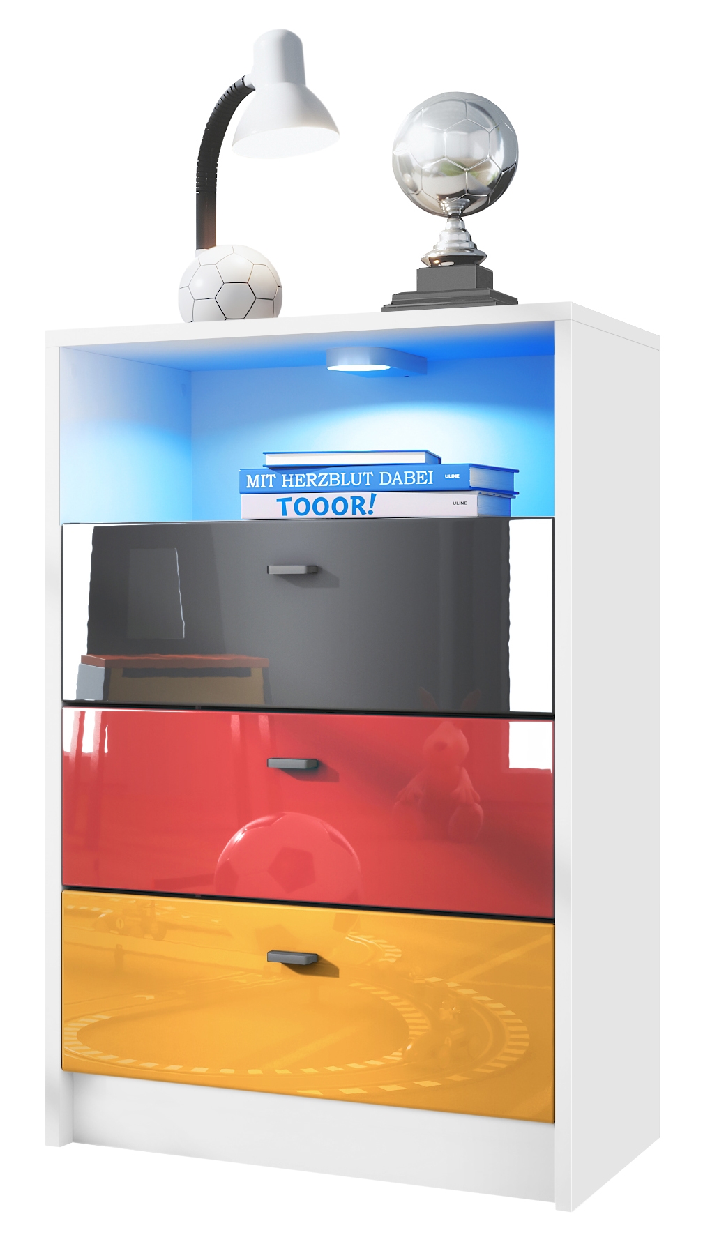 Pino V2 Kommode Fußball mit 3 Schubladen inkl. RGB LED Beleuchtung Fußball Deutschland - Schwarz, Rot & Gold Hochglanz (56x86,5x36 cm)