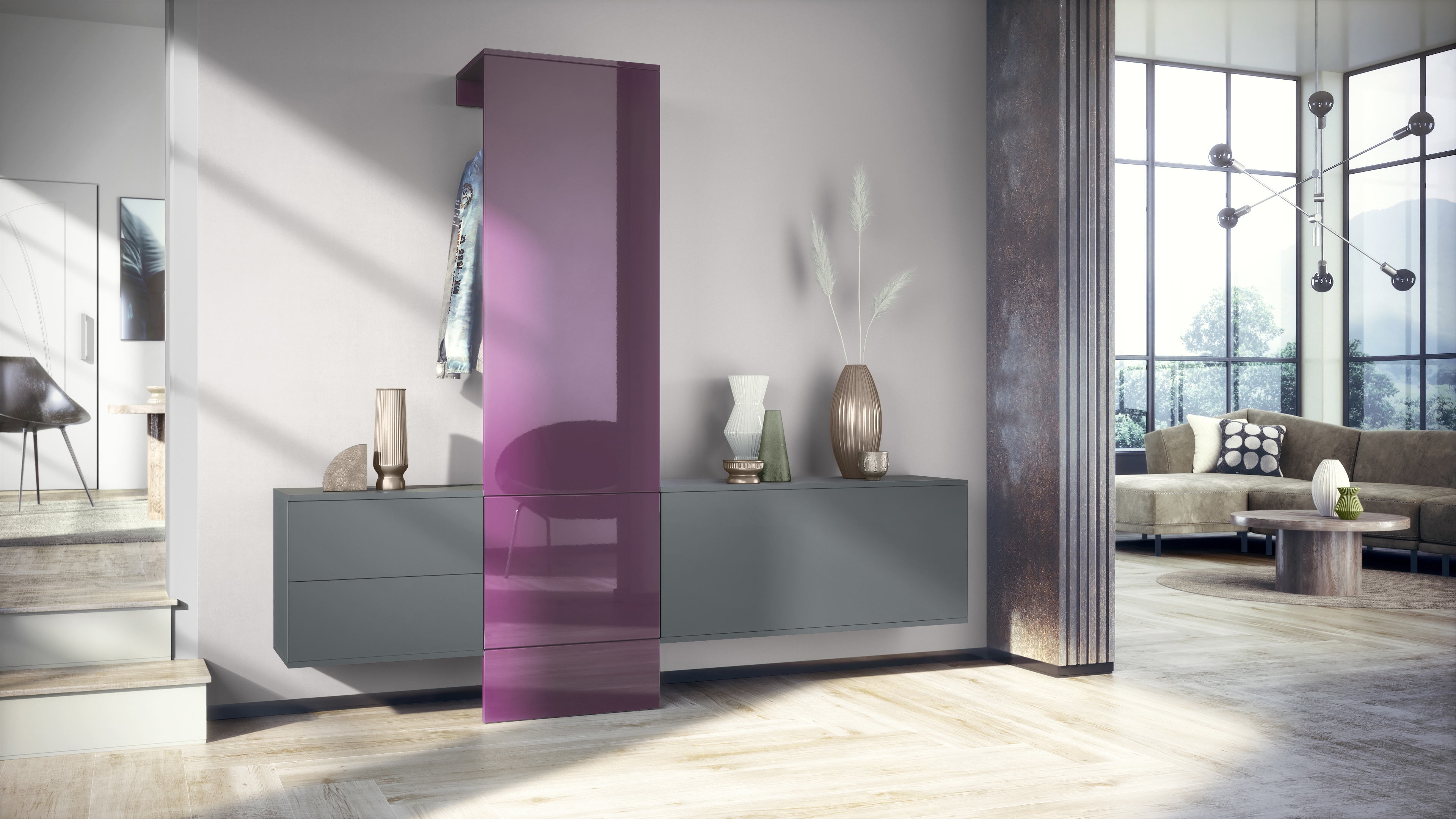 Garderobe Carlton Set 1 Anthrazit 4-tlg. 1 Paneel, 1 Schubkastenschrank und 1 Schrankmodul Anthrazit matt/Brombeer Hochglanz (209 x 193 x 35 cm)