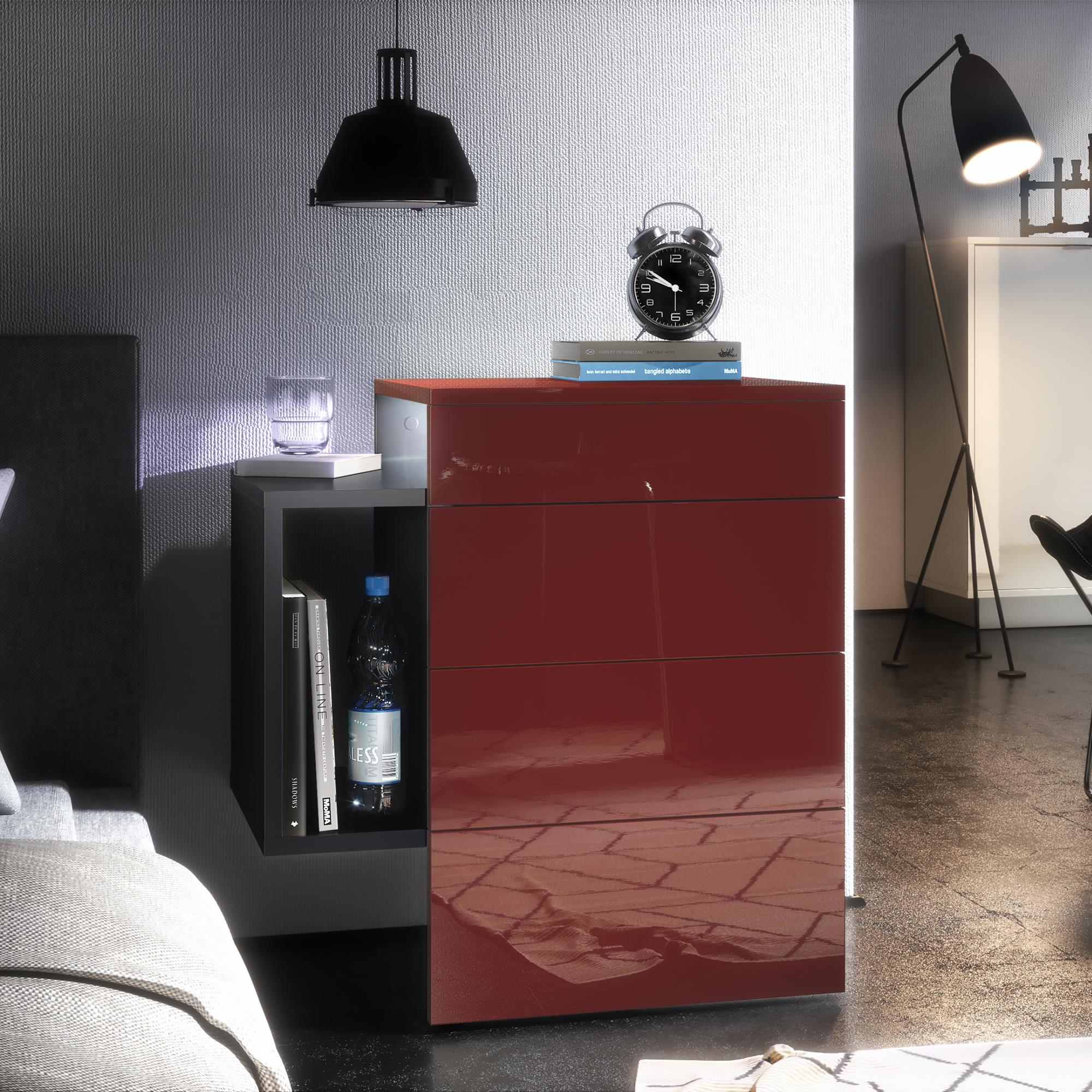 Nachttisch Queens und 1 seitlichem Fach zur Wandmontage Schwarz matt/Bordeaux glänzend mit LED-Unterbaustrahler (60x63x36 cm)