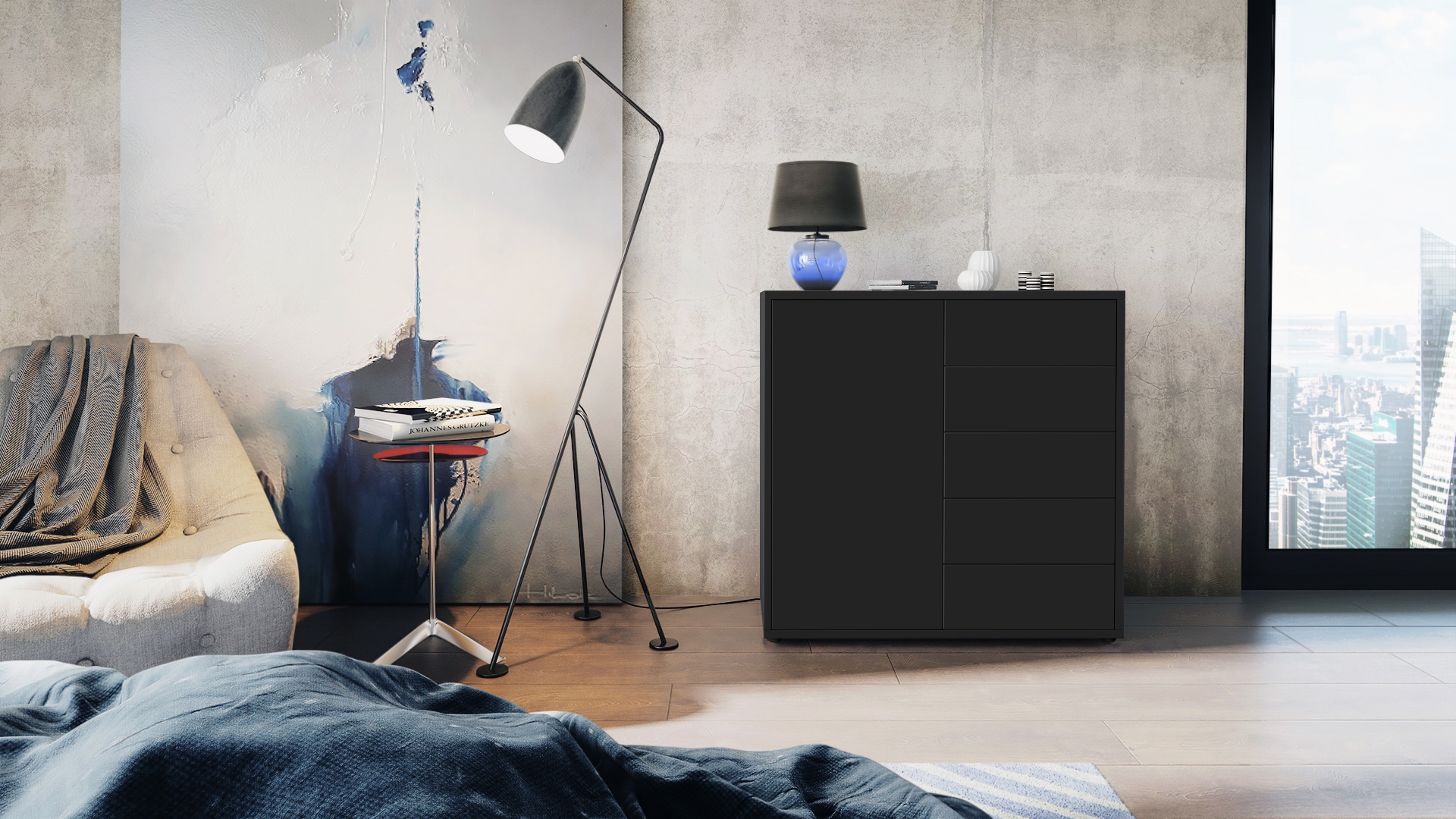 Kommode Ben V2  mit 1 Tür und 5 Schubladen Schwarz matt/Schwarz matt (79 x 74 x 36 cm)
