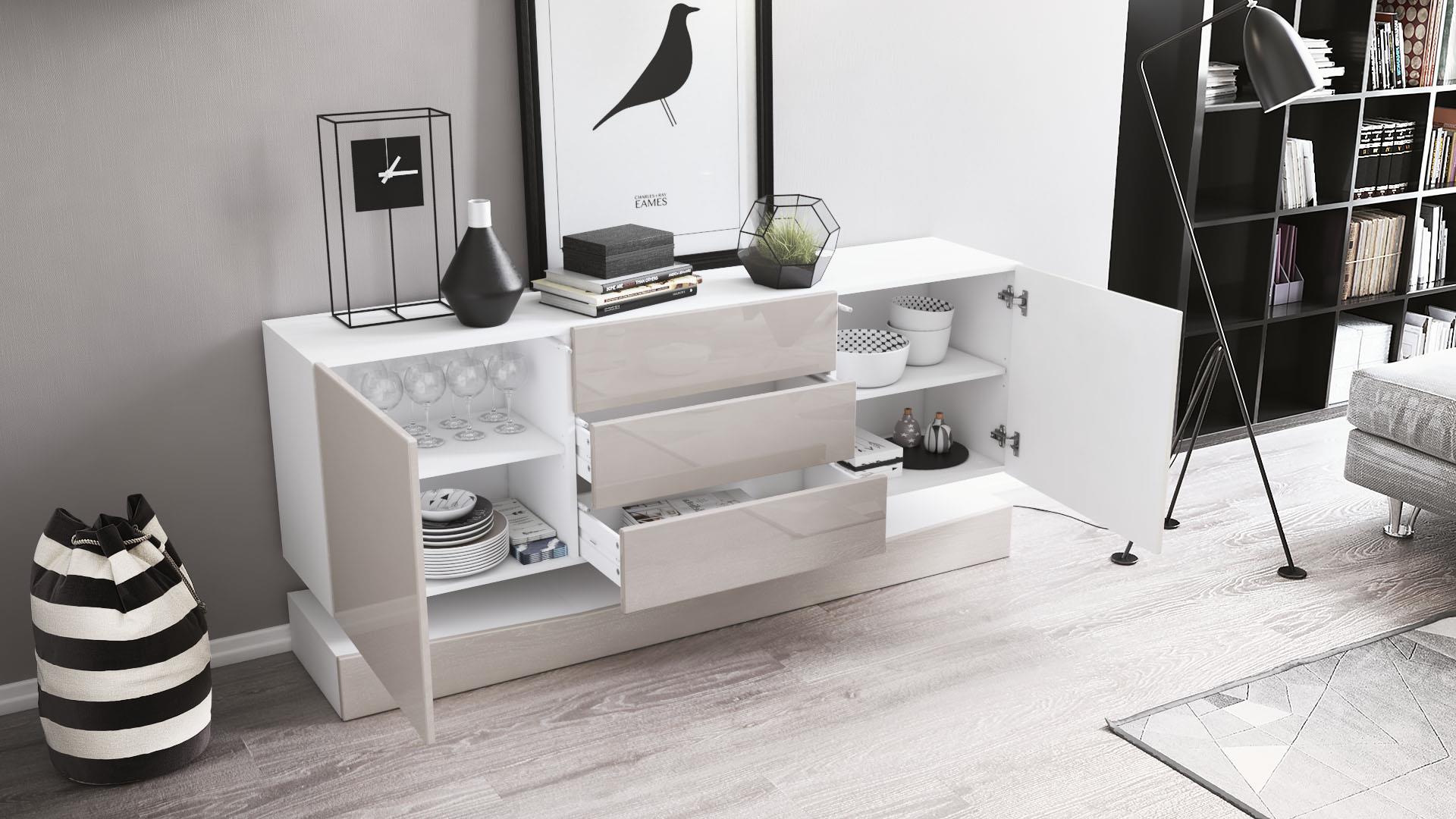 Sideboard City  mit 2 Türen und 3 Schubladen Weiß matt/Sandgrau Hochglanz (178 x 72 x 38 cm)