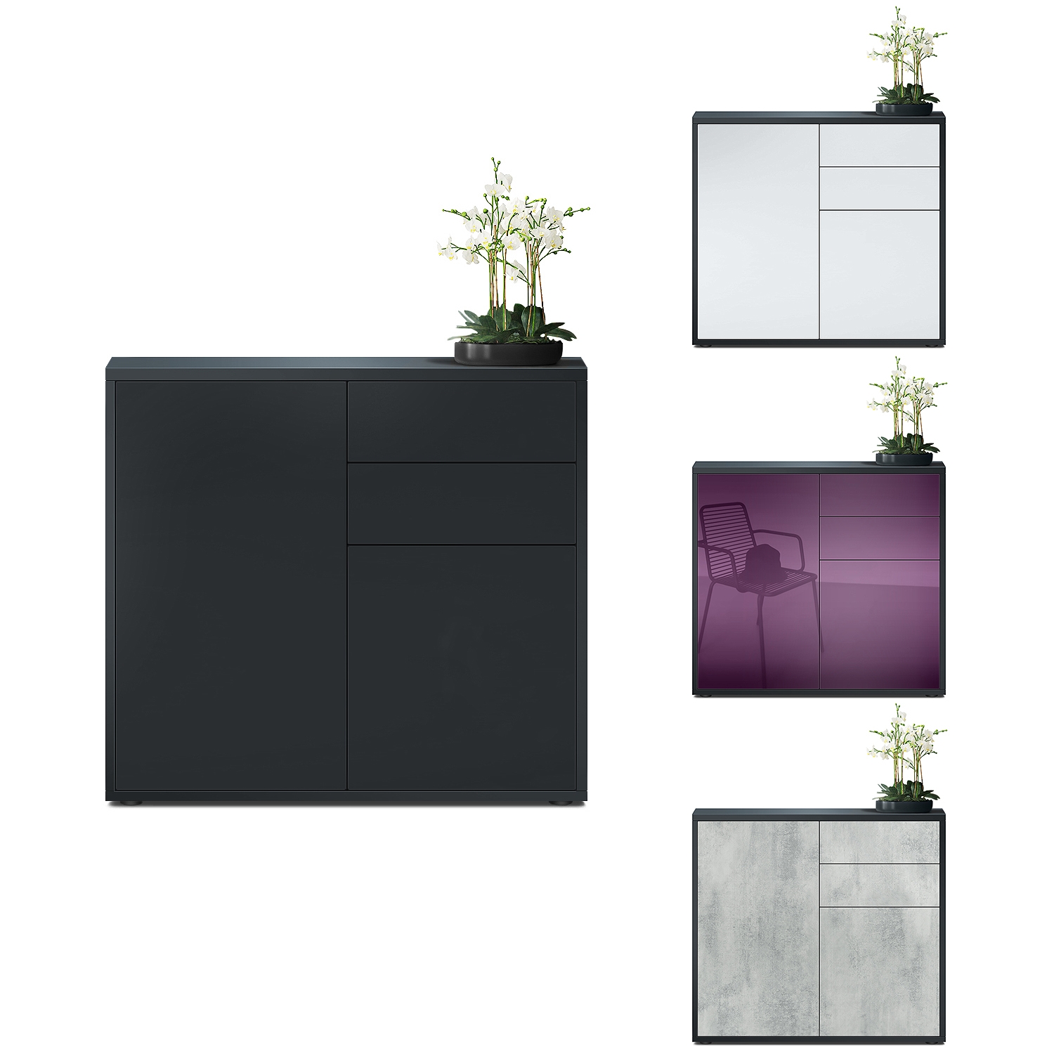 Kommode Ben  mit 2 Türen und 2 Schubladen Schwarz matt/Avola-Anthrazit (79 x 74 x 36 cm)