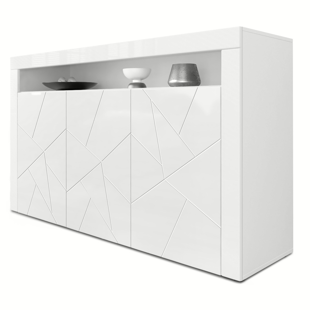 Sideboard Valencia  mit 3 Türen und 1 offenem Fach Weiß matt&glänzend mit 3D Struktur (155x92x40 cm)