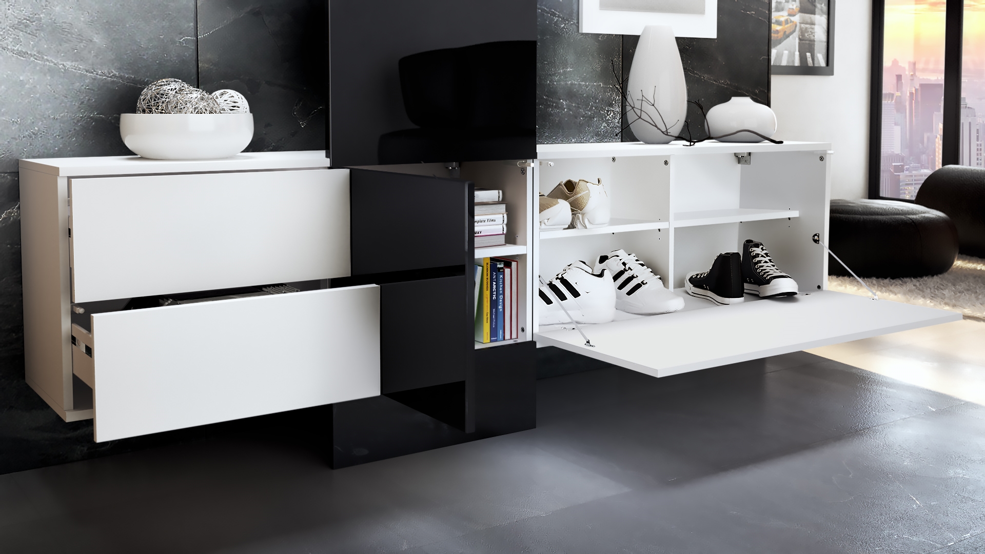 Garderobe Carlton Set 1 Weiß 4-tlg. 1 Paneel, 1 Schubkastenschrank, 1 Schrankmodul und 1 Spiegel Weiß matt/Eiche Natur (208 x 193 x 35 cm)