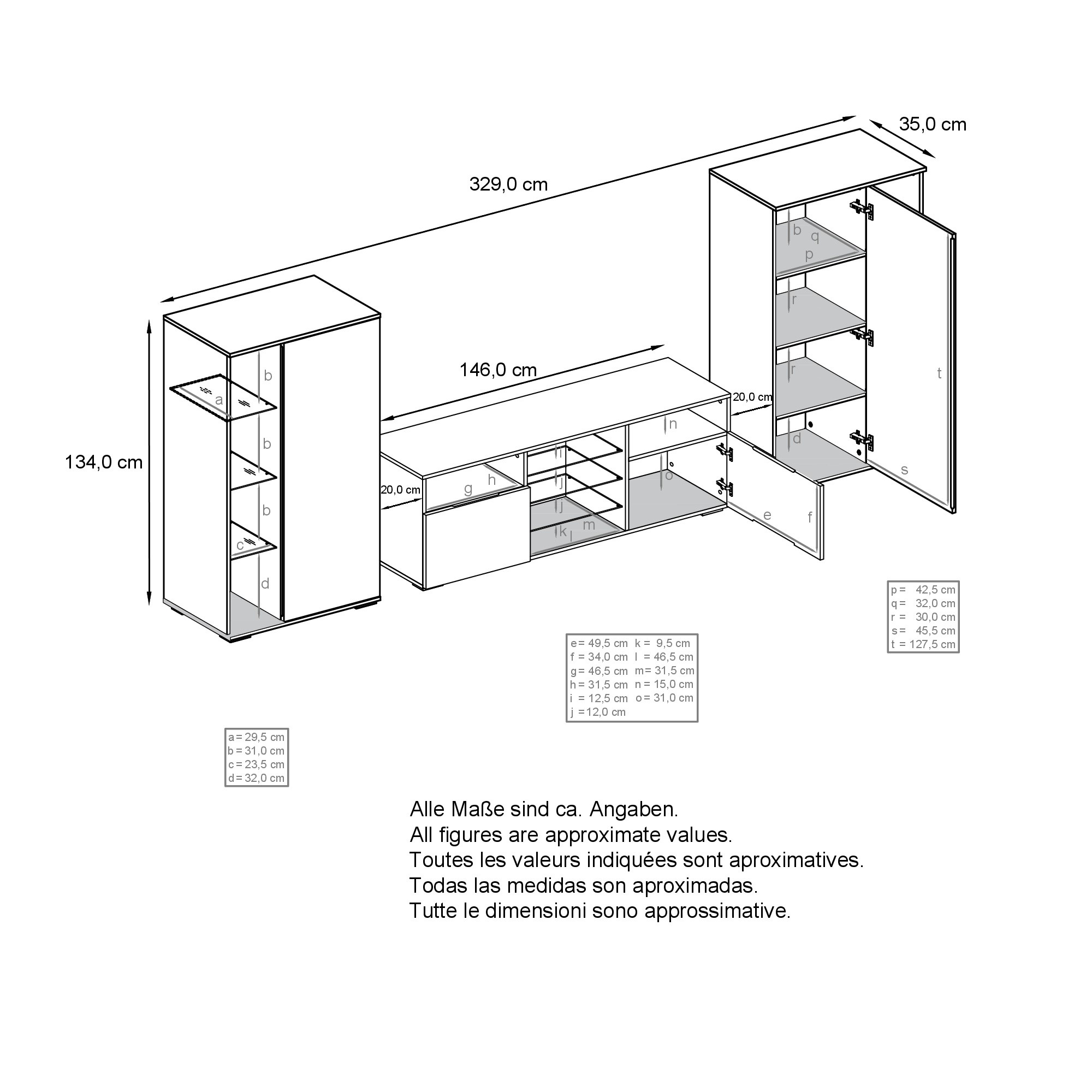 Wohnwand 3-tlg. Davos Anthrazit bestehend aus 2 Vitrinen und 1 TV-Board Anthrazit matt/Beton Oxid Optik (329 x 134 x 35 cm)