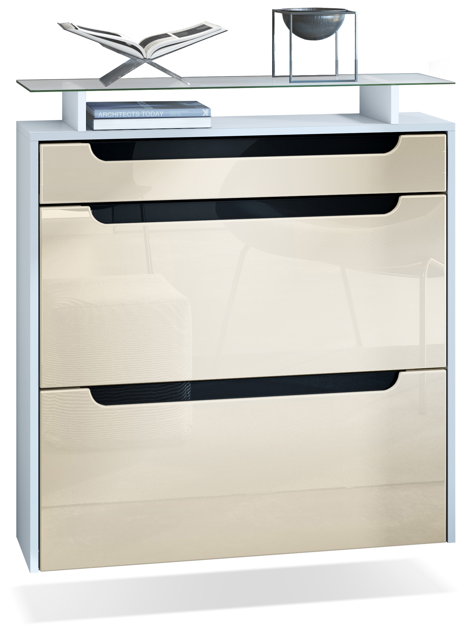 Schuhschrank Annie mit 2 Klappen, 1 Schublade und Glasablage Weiß matt/Creme Hochglanz/Schwarz Hochglanz (89 x 96 x 23 cm)