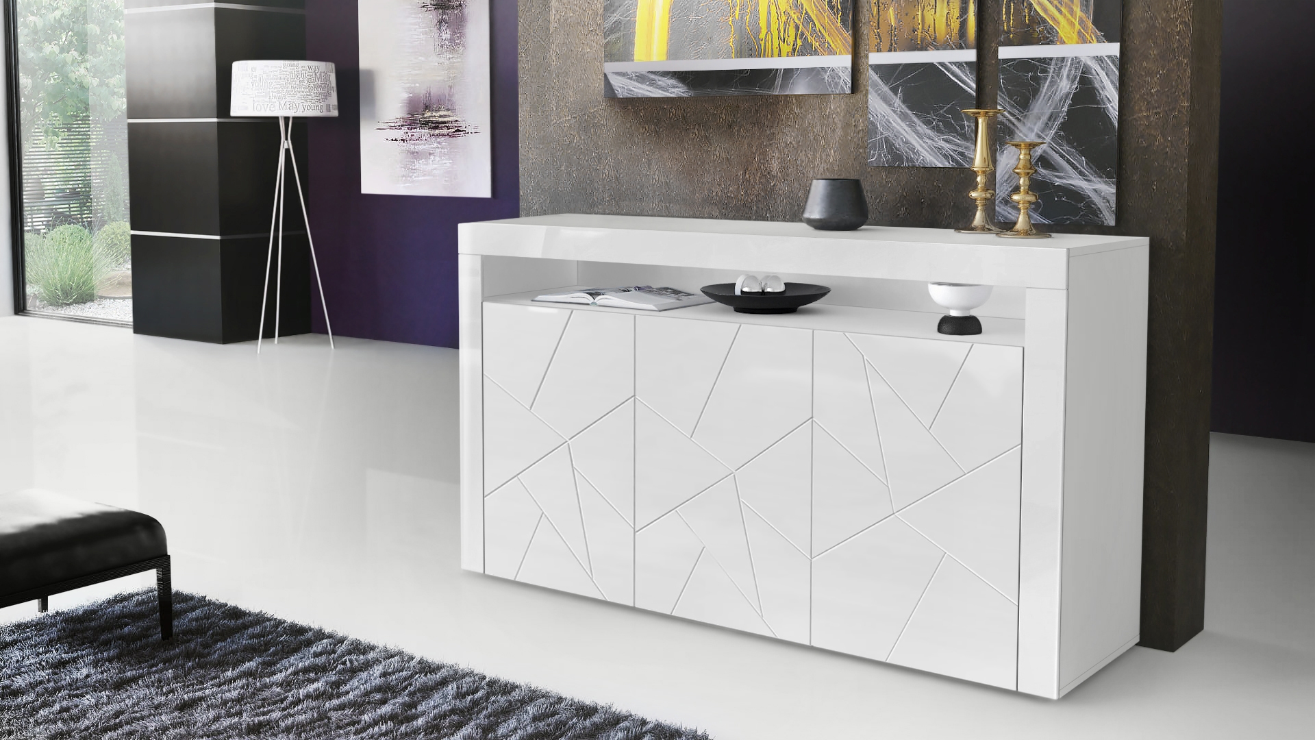 Sideboard Valencia  mit 3 Türen und 1 offenem Fach Weiß matt&glänzend mit 3D Struktur (155x92x40 cm)